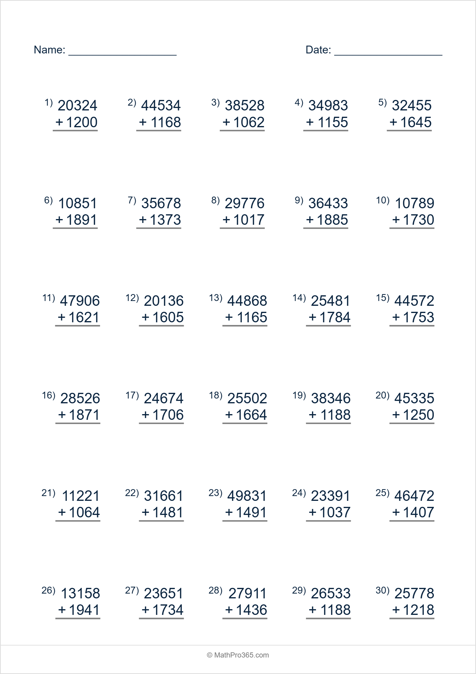 5-Digit Addition with 4-Digit Numbers Grade 3 Free PDF