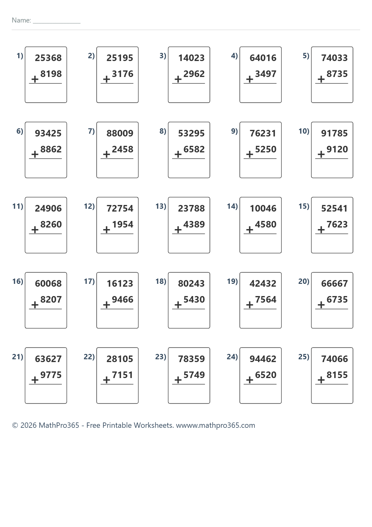 5 Digit Addition Without Regrouping Grade 4 Free PDF