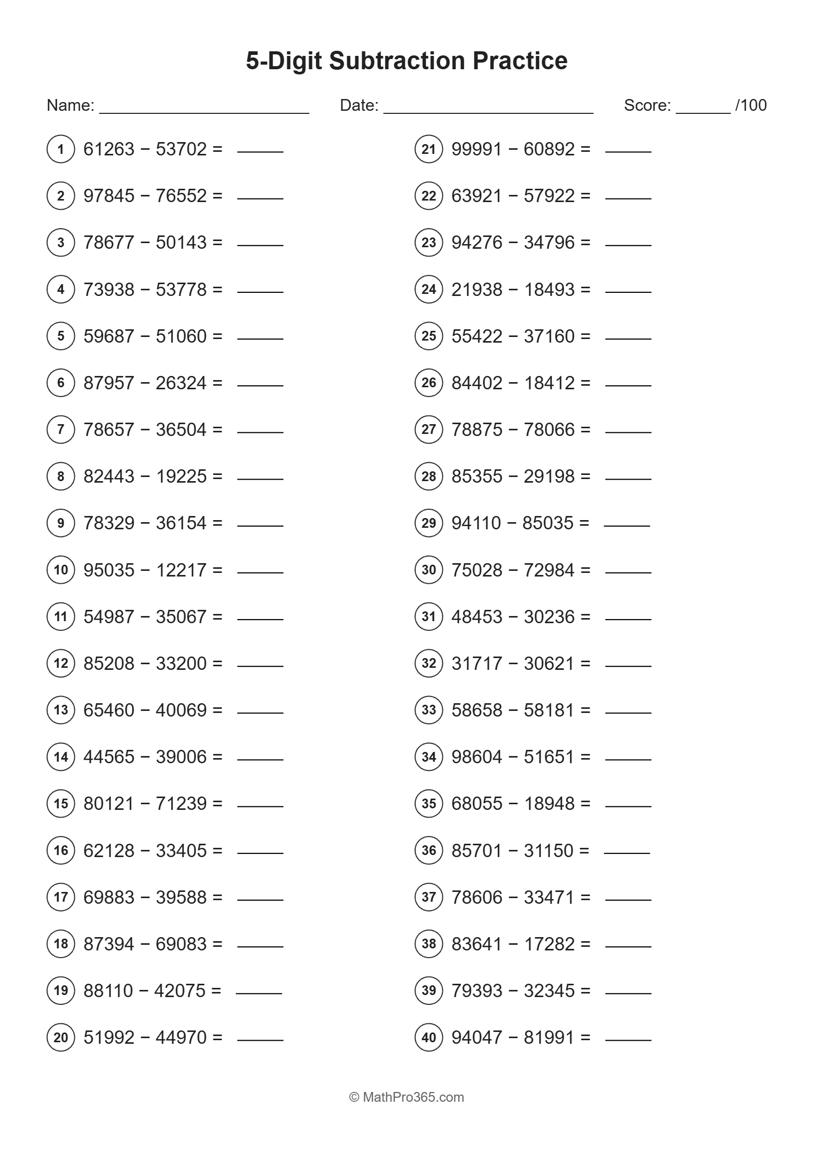 5-Digit Subtraction Practice Grade 4 Free PDF Worksheet