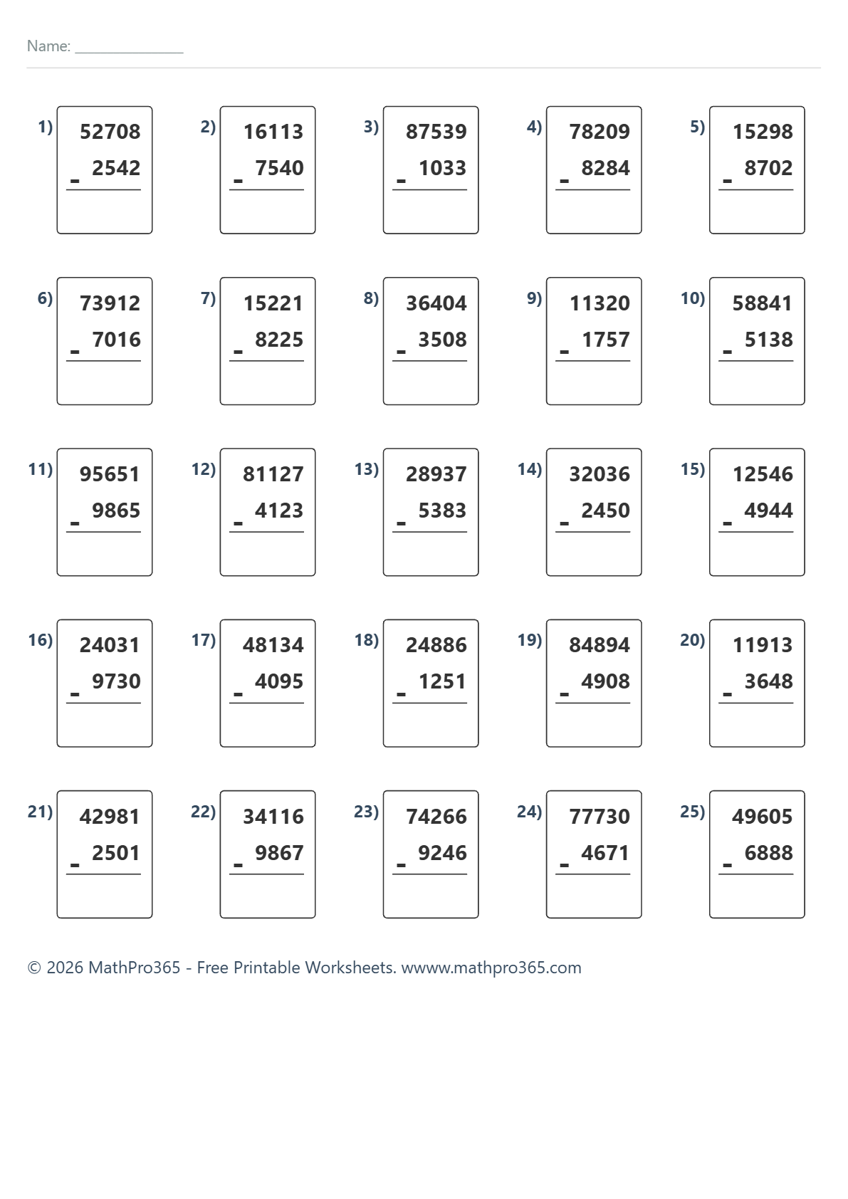 5 Digit Subtraction Without Regrouping Grade 4 Free Download PDF