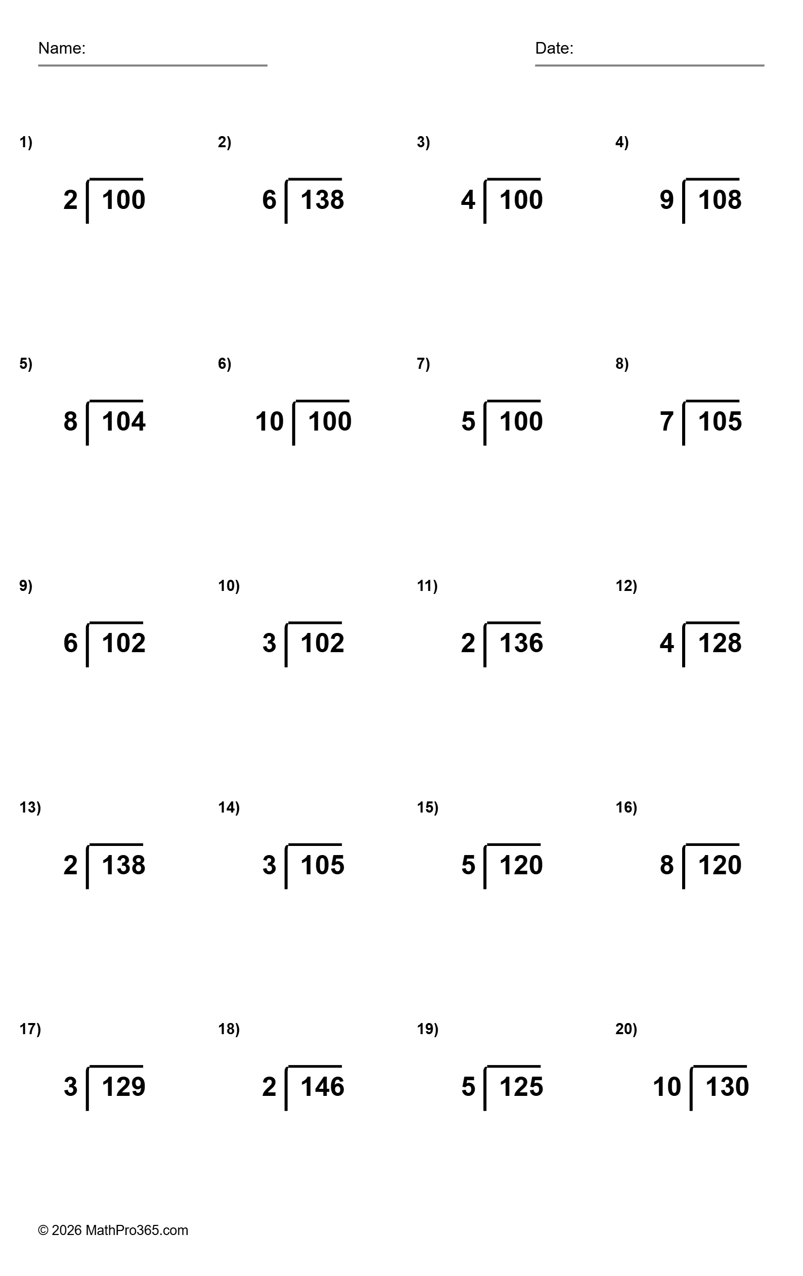 3 Digit Division Without Remainders Grade 4 Free PDF