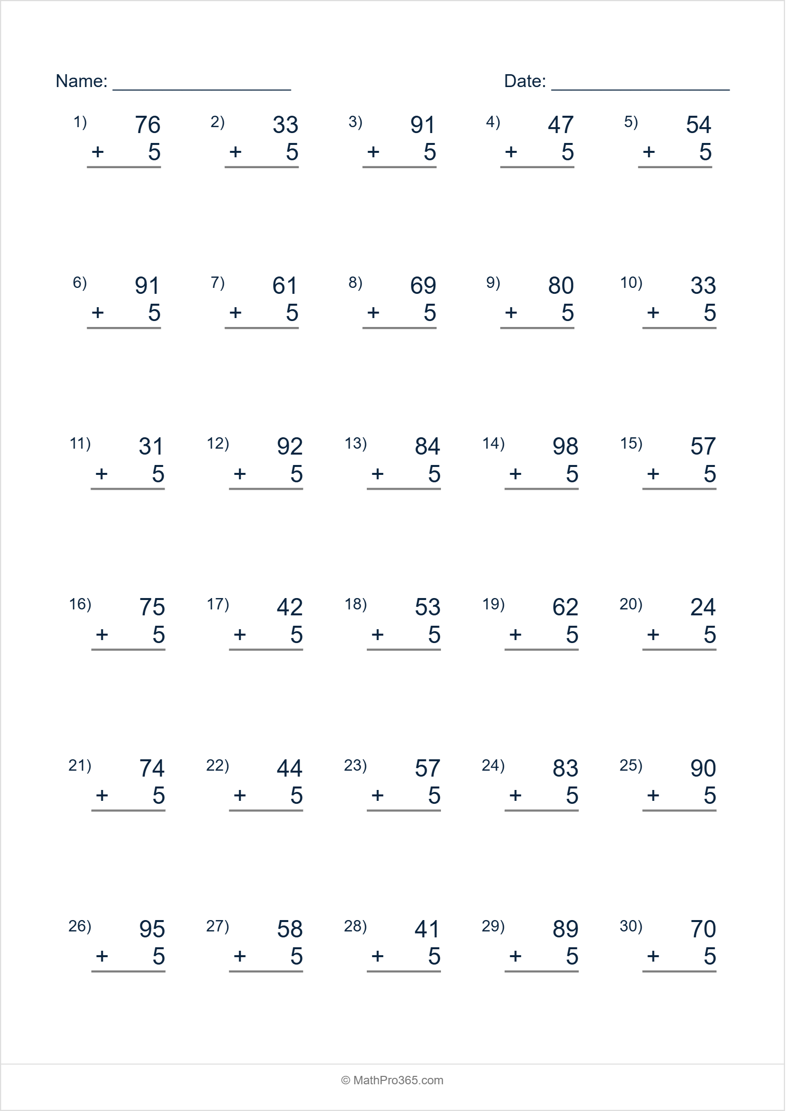 Adding Single Digit to 2-Digit Numbers Grade 1 Math Worksheet Free PDF