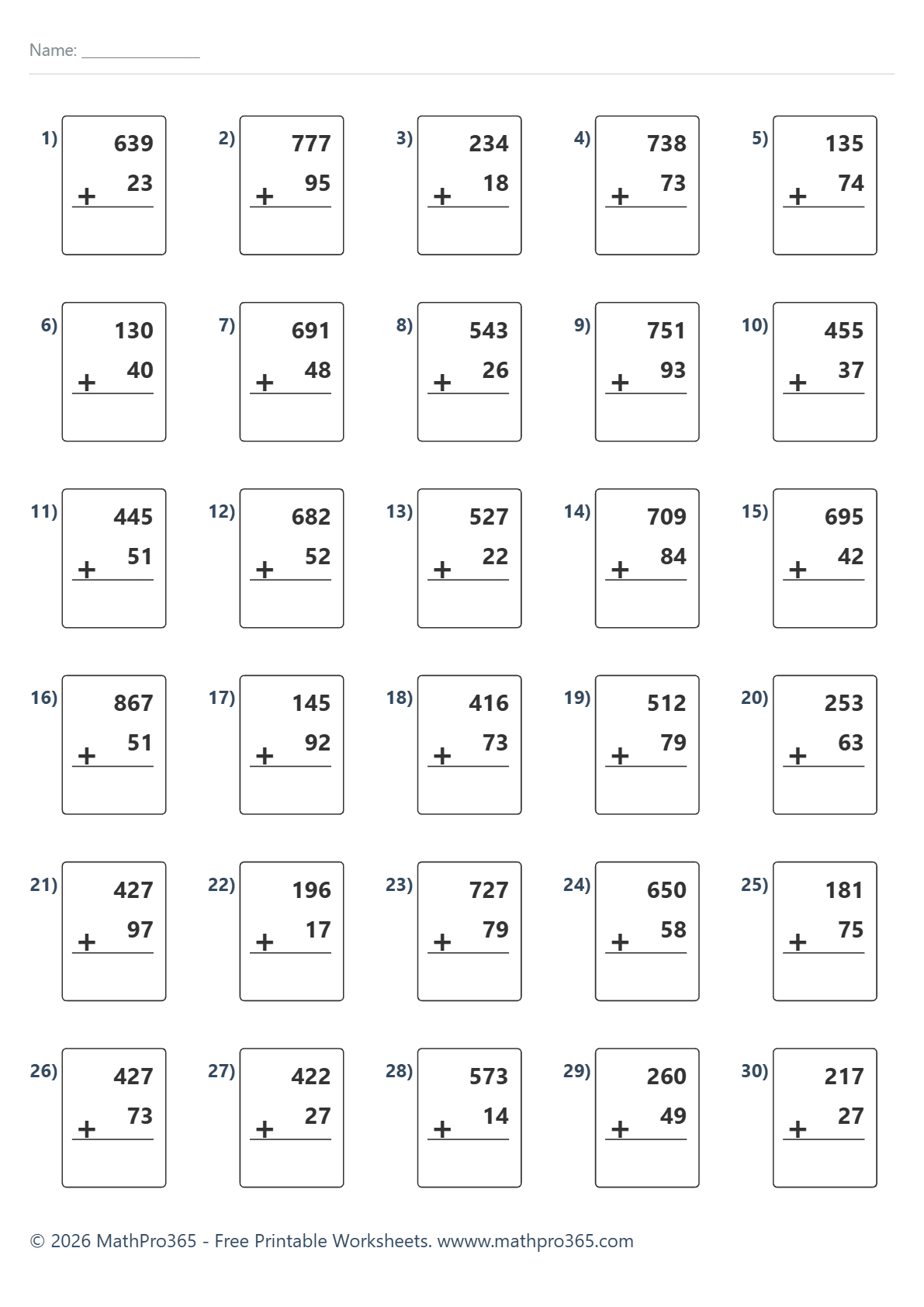 3 Digit Plus 2 Digit Addition Worksheet Grade 3 Free PDF