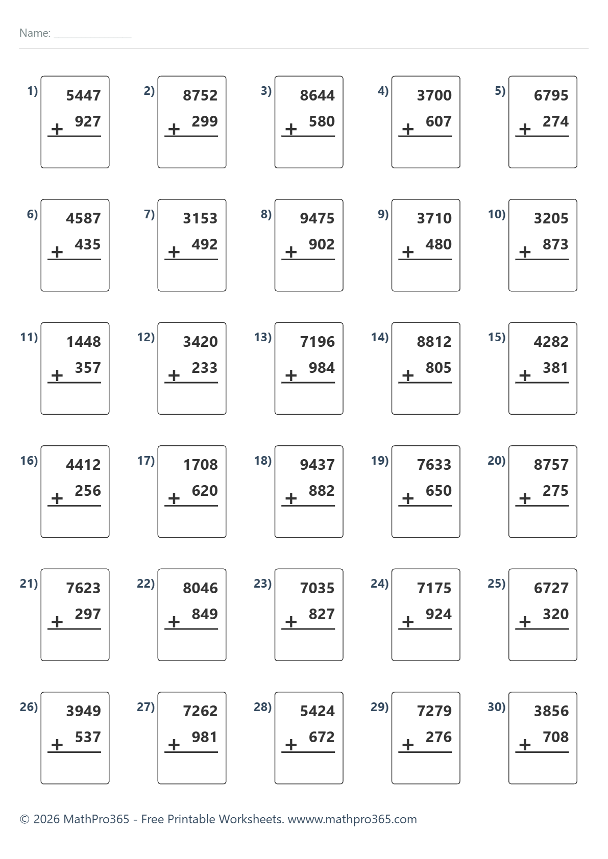 4-Digit Plus 3-Digit Addition with Regrouping Grade 3 Free PDF Worksheet