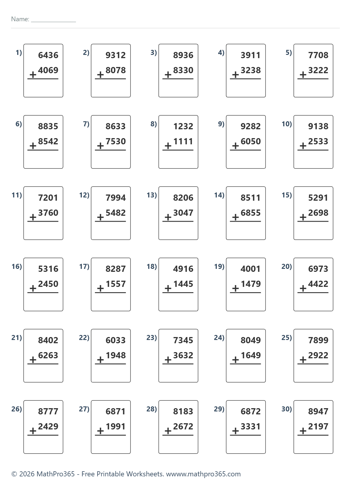 4-Digit Addition with Regrouping Grade 3 Worksheet Free PDF