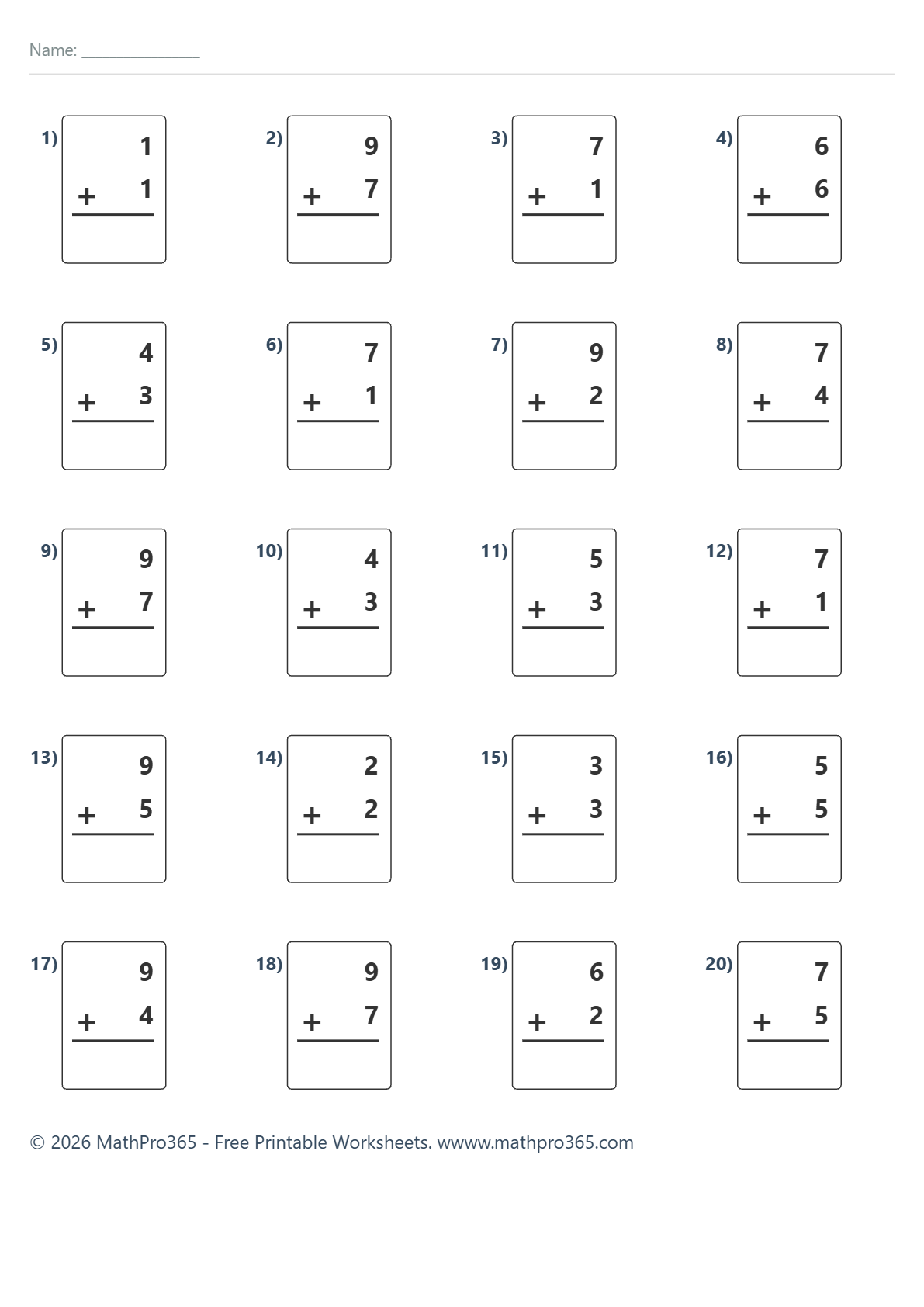 Single Digit Addition Worksheets (Grade 1) – Free Printable PDF