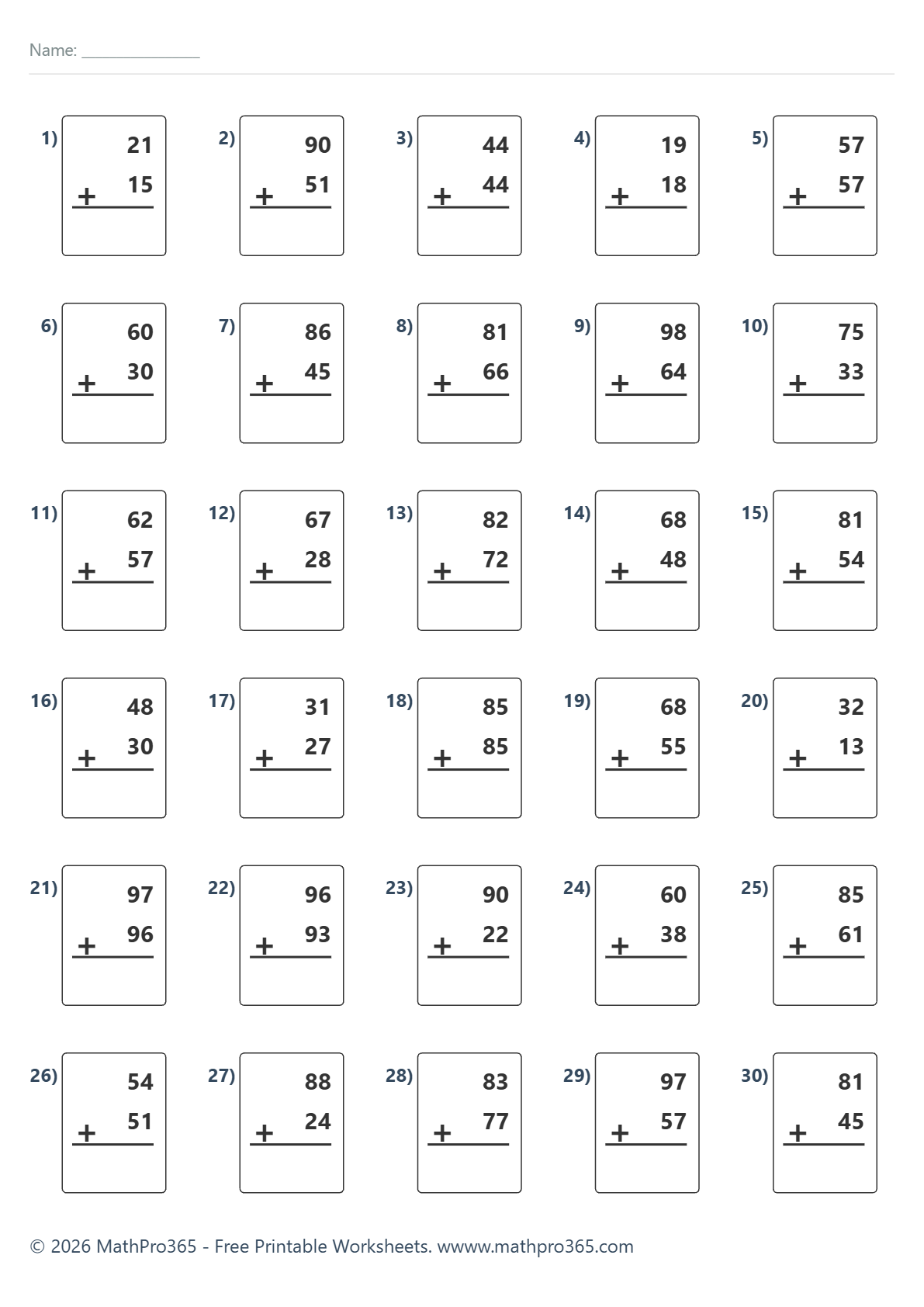 Addition Within 100 Worksheets (Grade 2) – Free Printable PDF