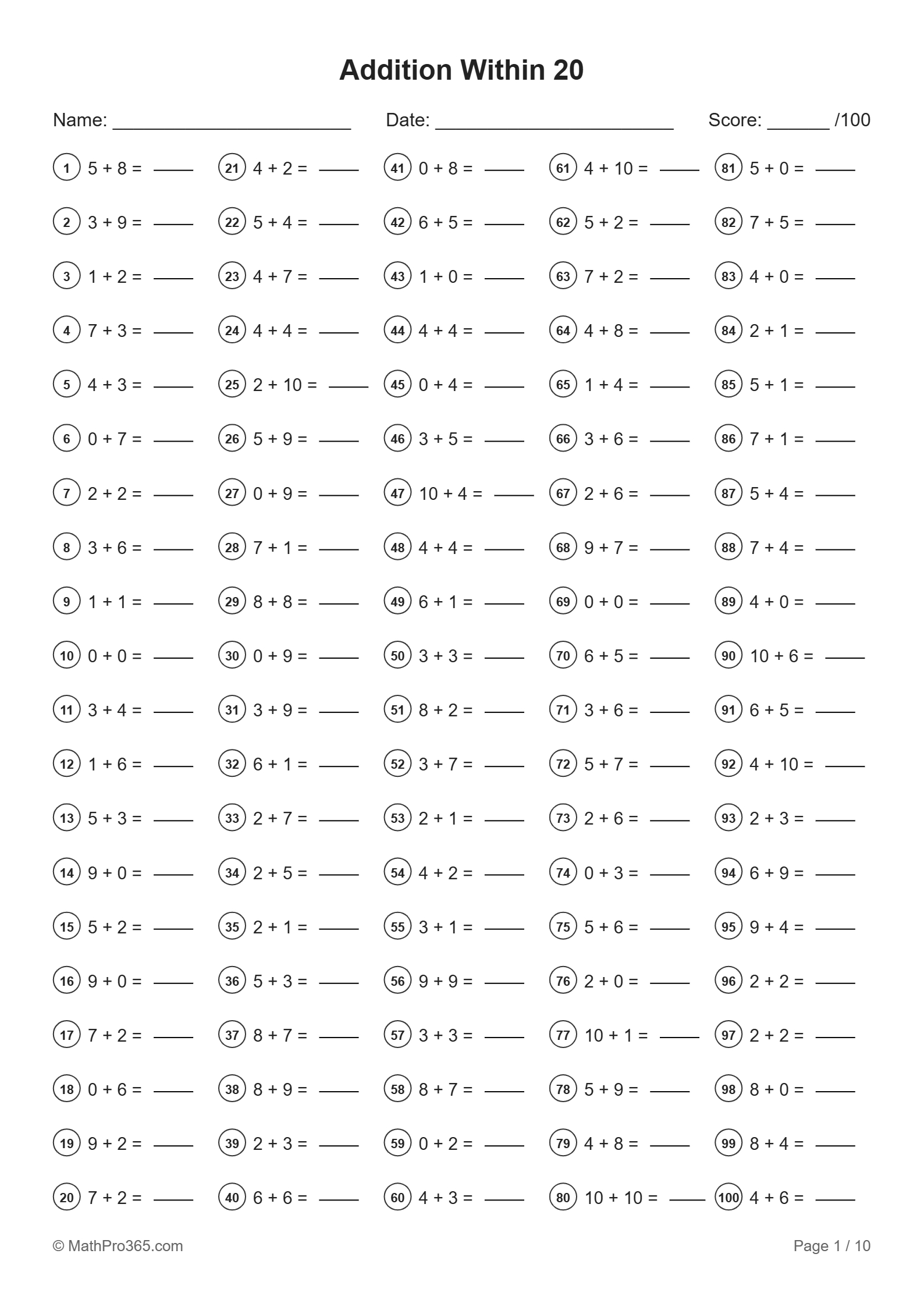 Addition Within 20 Worksheets 1st Grade Free PDF