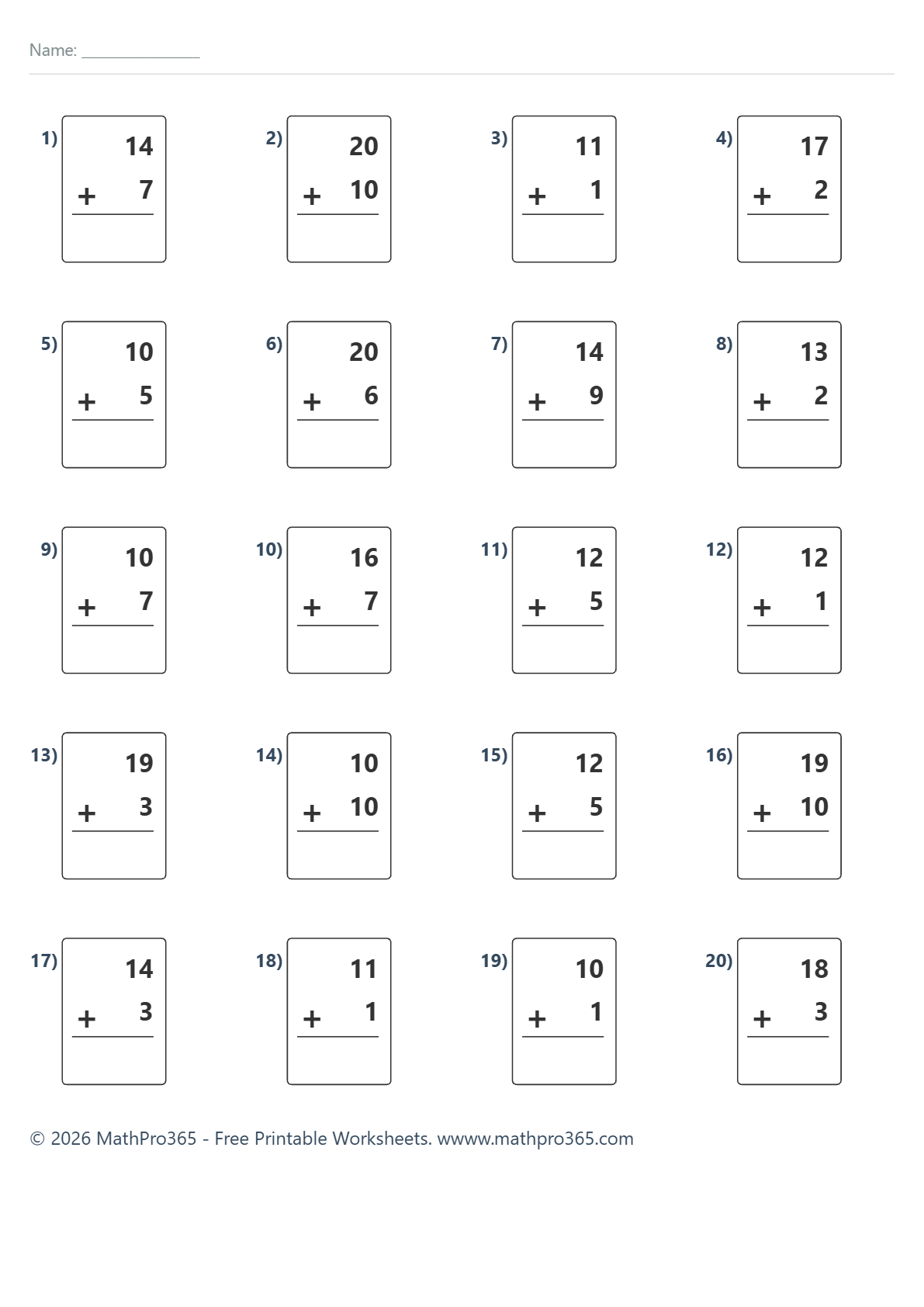 Addition Within 20 Basic Worksheet Grade 1 Free PDF