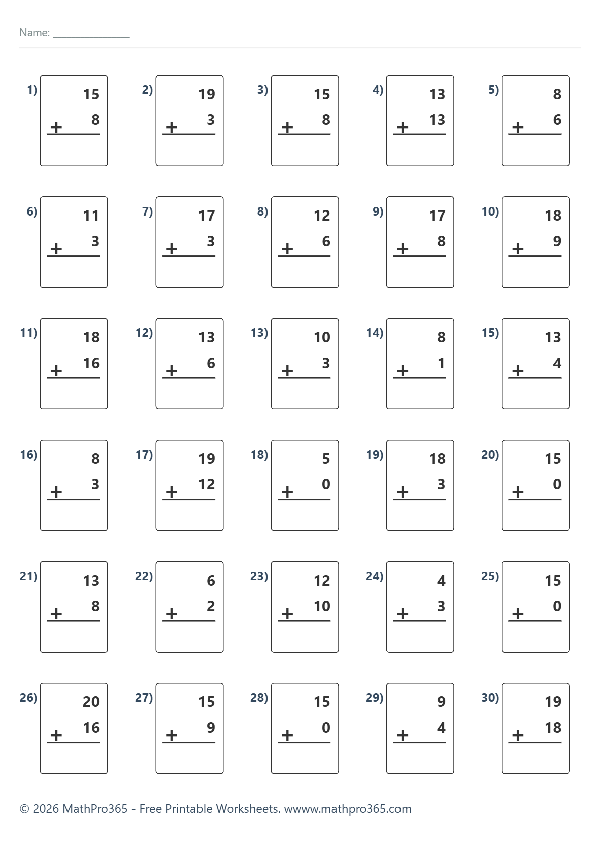 Addition Within 20 Timed Worksheet (Grade 1) – 30 Questions
