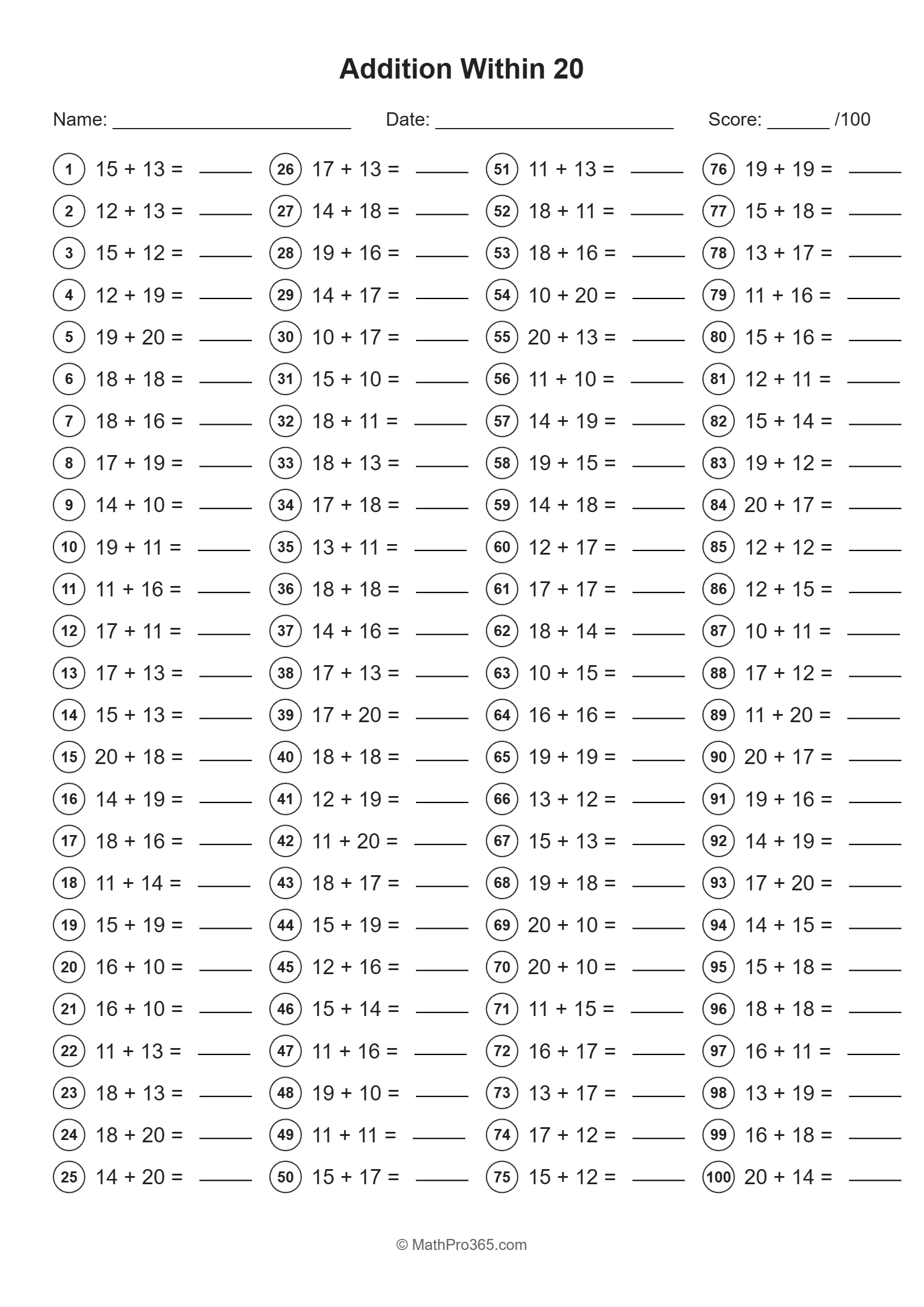 Addition Within 20 Grade 1 Free PDF Worksheet