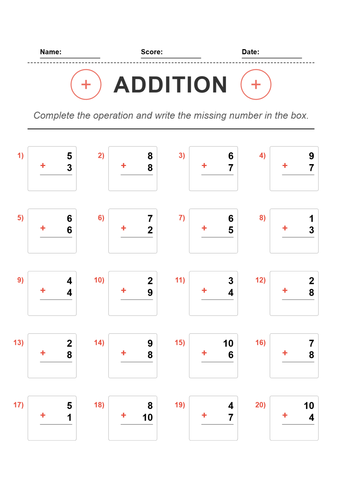 Addition Within 20 Worksheets (Grade 1) – Free Printable PDF