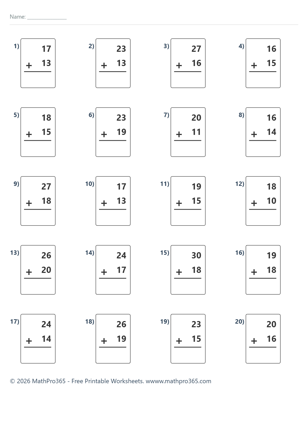 Addition Within 30 Worksheets (Grade 1) – Free PDF