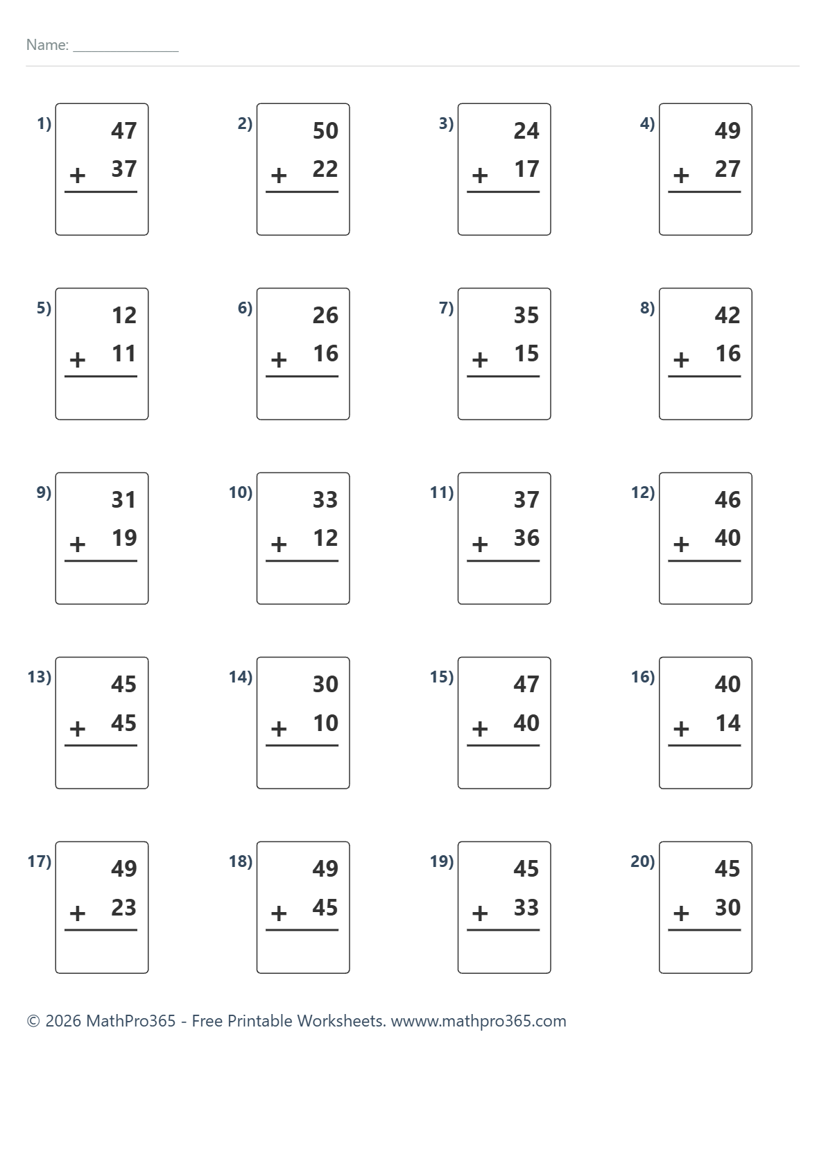 Printable Addition Within 50 Worksheets for Grade 2