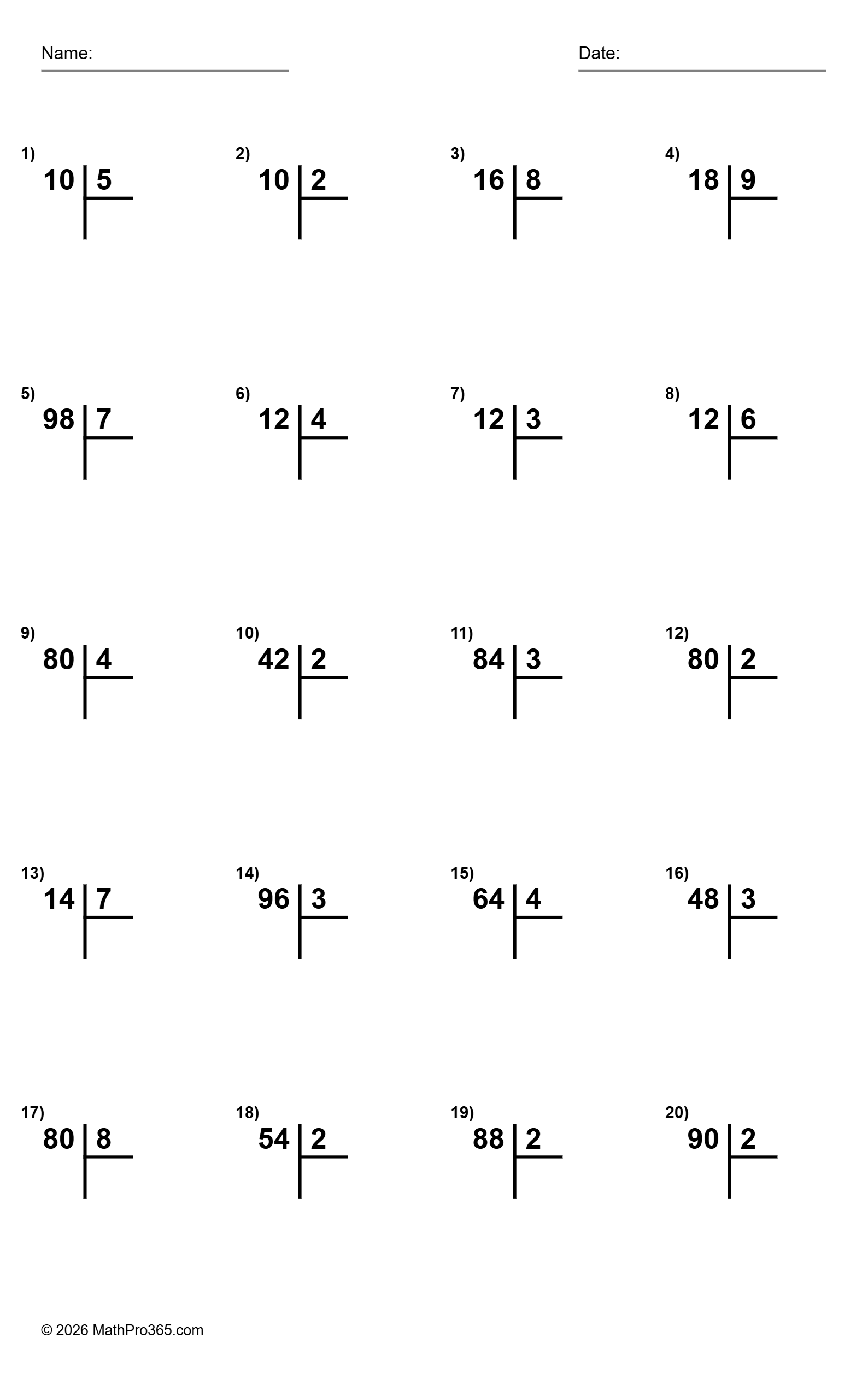 Basic Division Facts with 2-Digit Dividends Grade 2 Free PDF