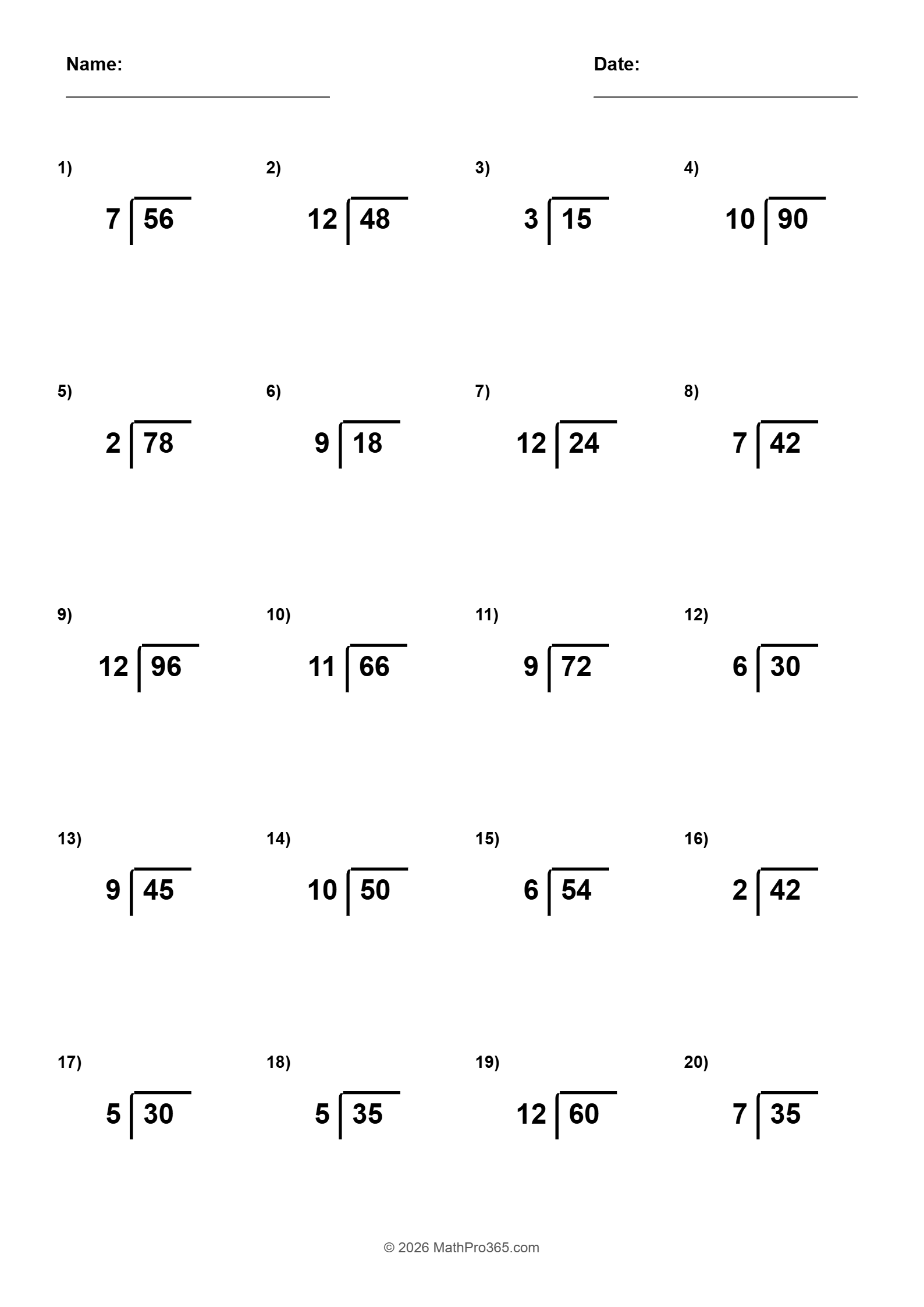 Basic Long Division Practice Worksheet | Grades 3-4