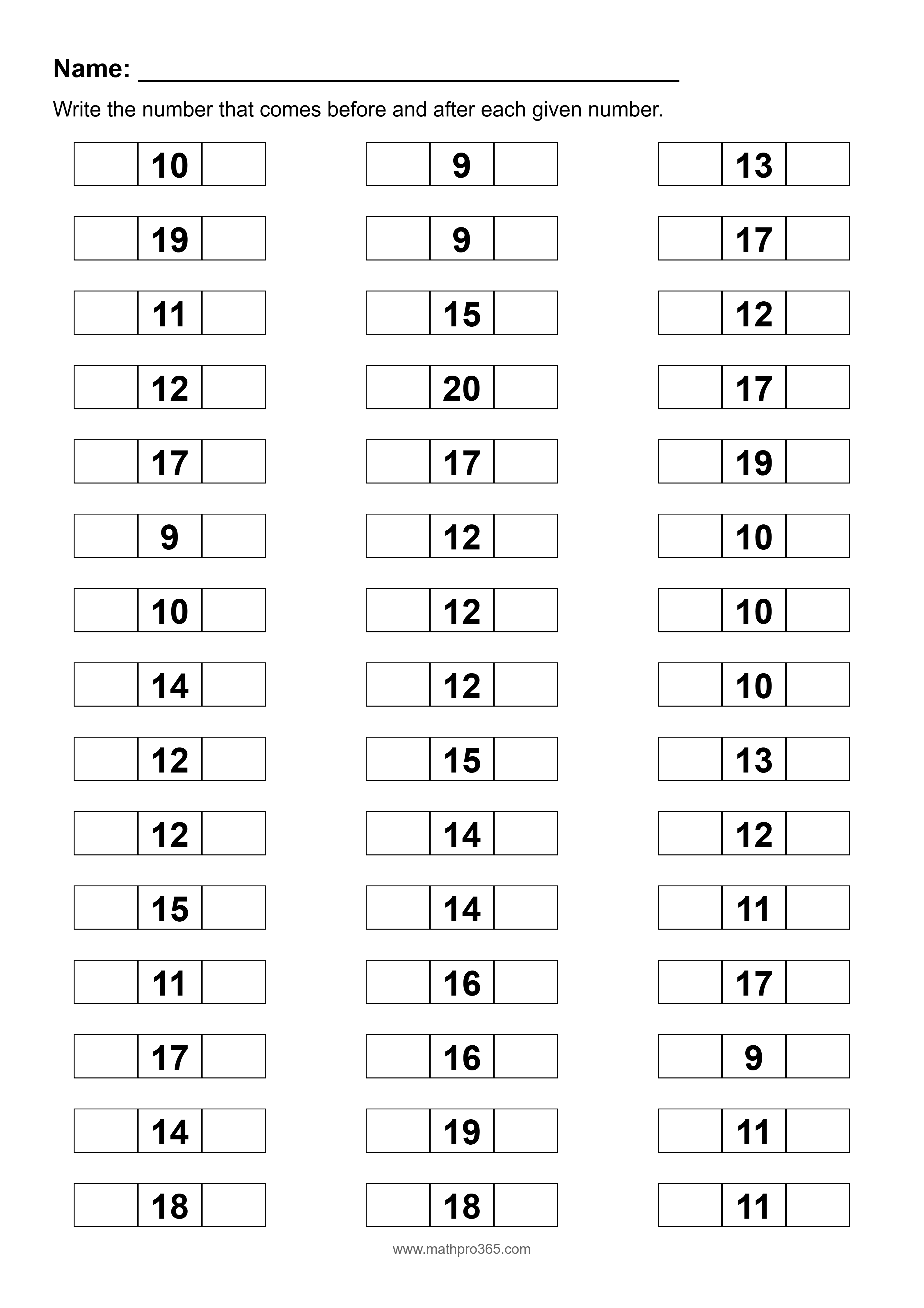 Before and After Numbers 9 to 20 Worksheet Grade 1 Free PDF