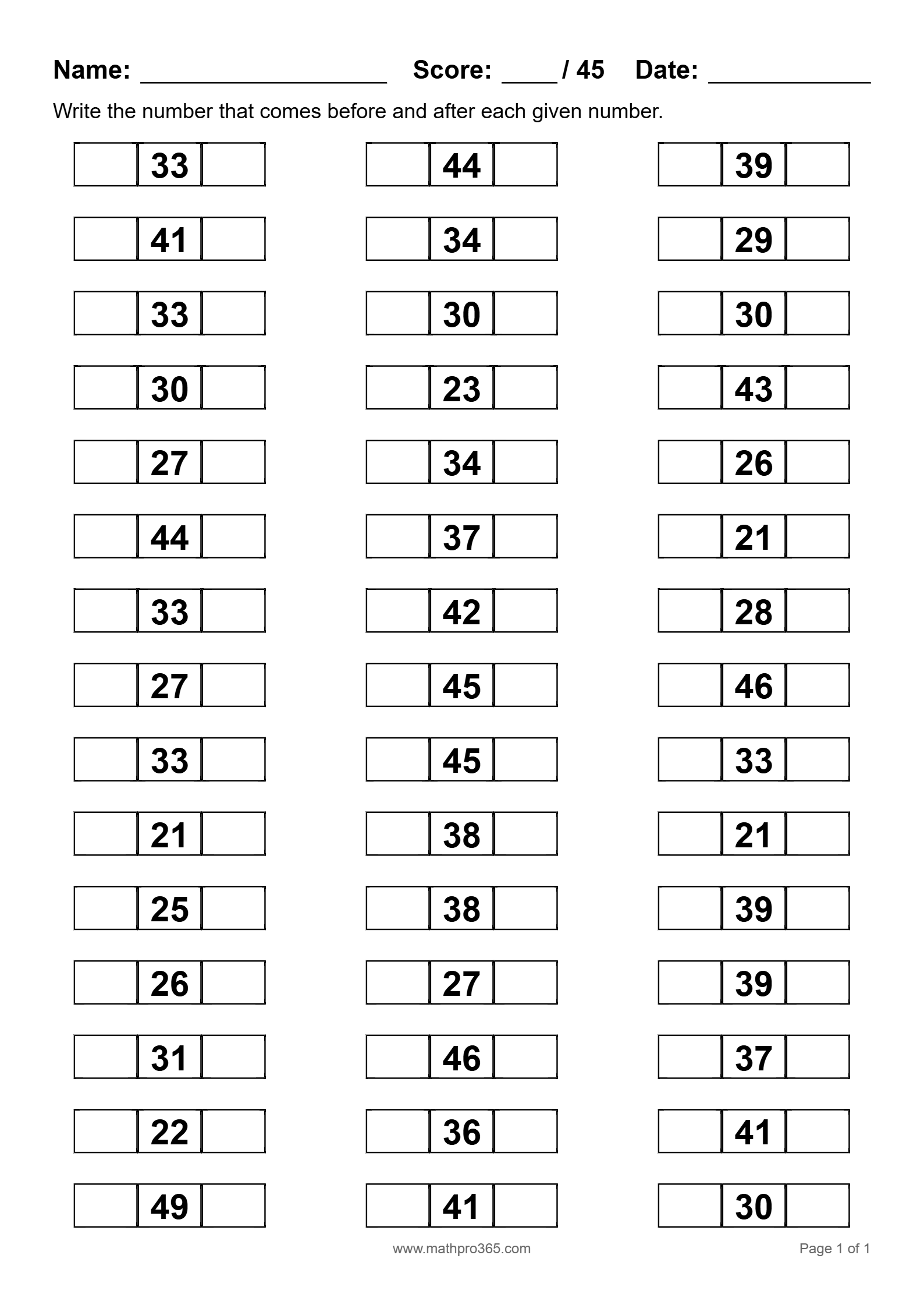 Before and After Numbers to 50 Worksheet