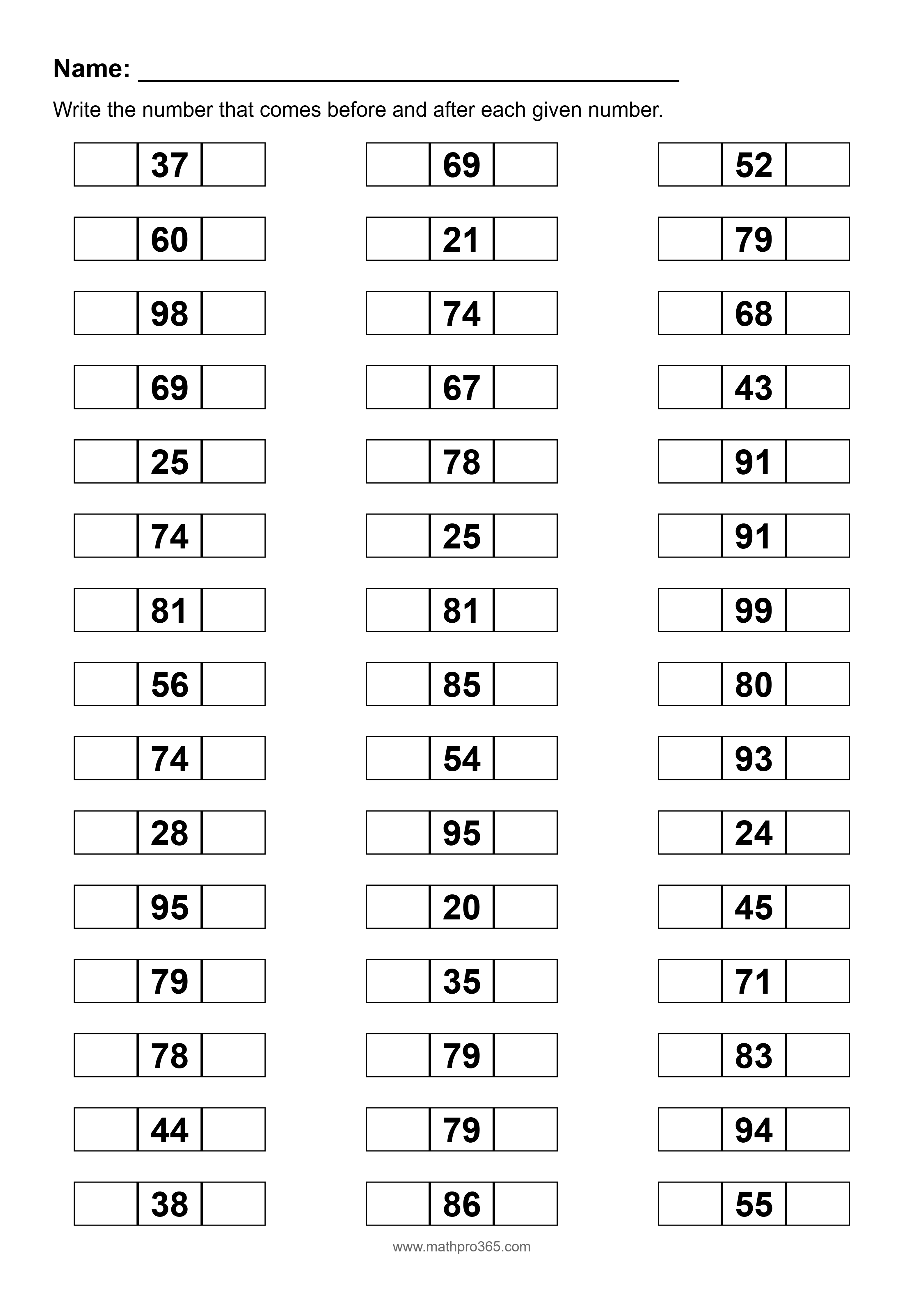Before and After Numbers Within 100 Worksheet Grade 1 Free PDF