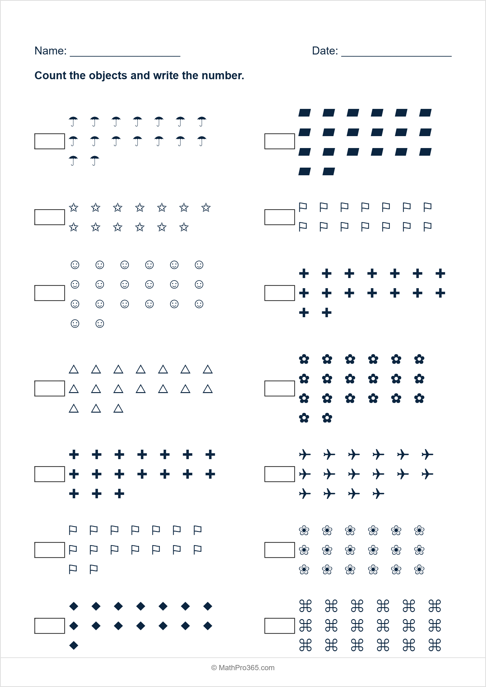 Counting Objects 11 to 20 Practice Sheet Grade 1