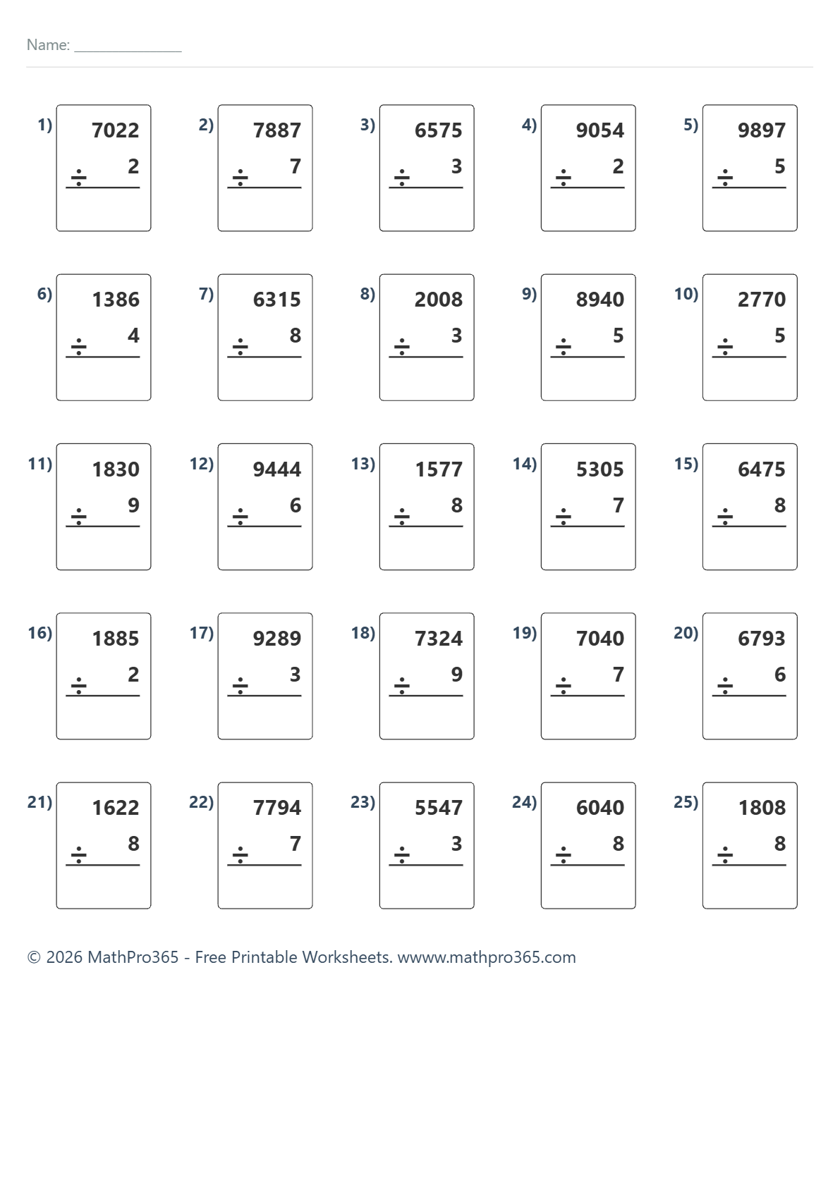 4-Digit by 1-Digit Division Grade 4 Free PDF Worksheet