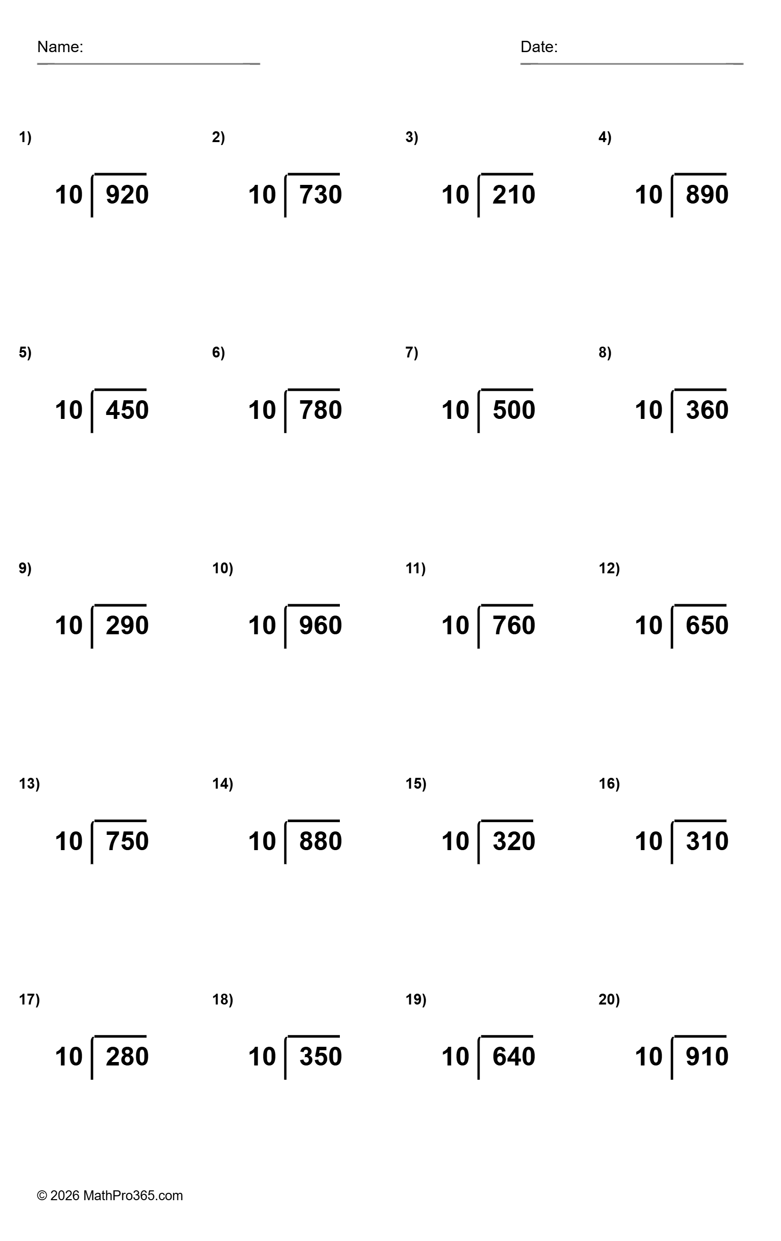 Grade 3 Division by 10 Long Division Worksheet