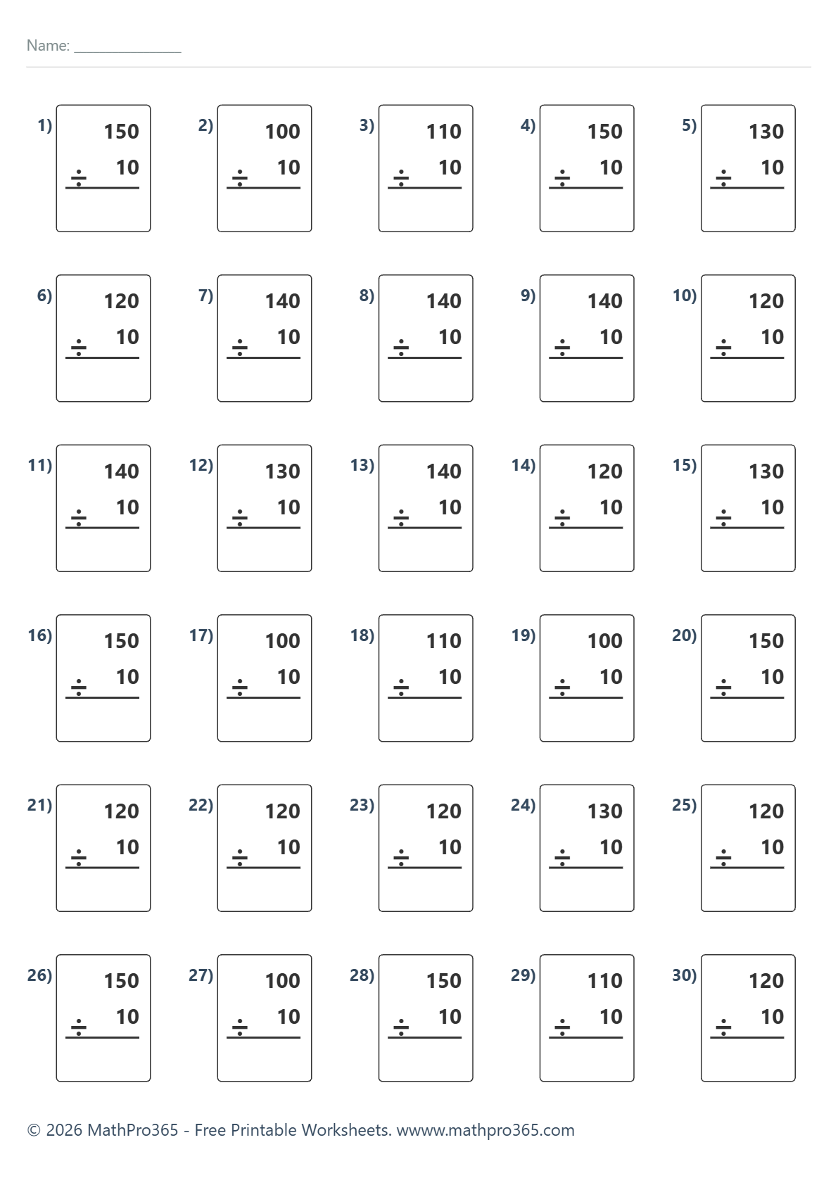 Division by 10 Three-Digit Numbers Worksheet Grade 3 Free PDF