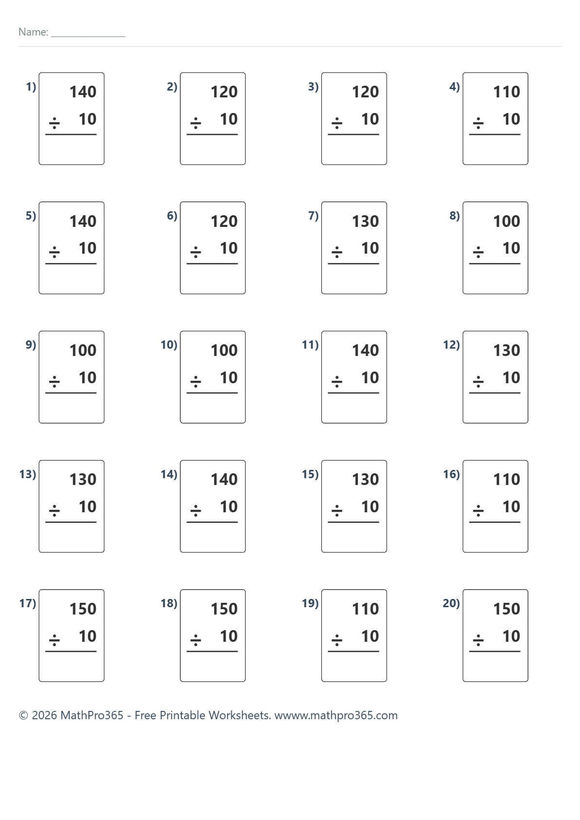 Grade 3 Division by 10 Worksheet (Three Digit Numbers) – Free Printable PDF