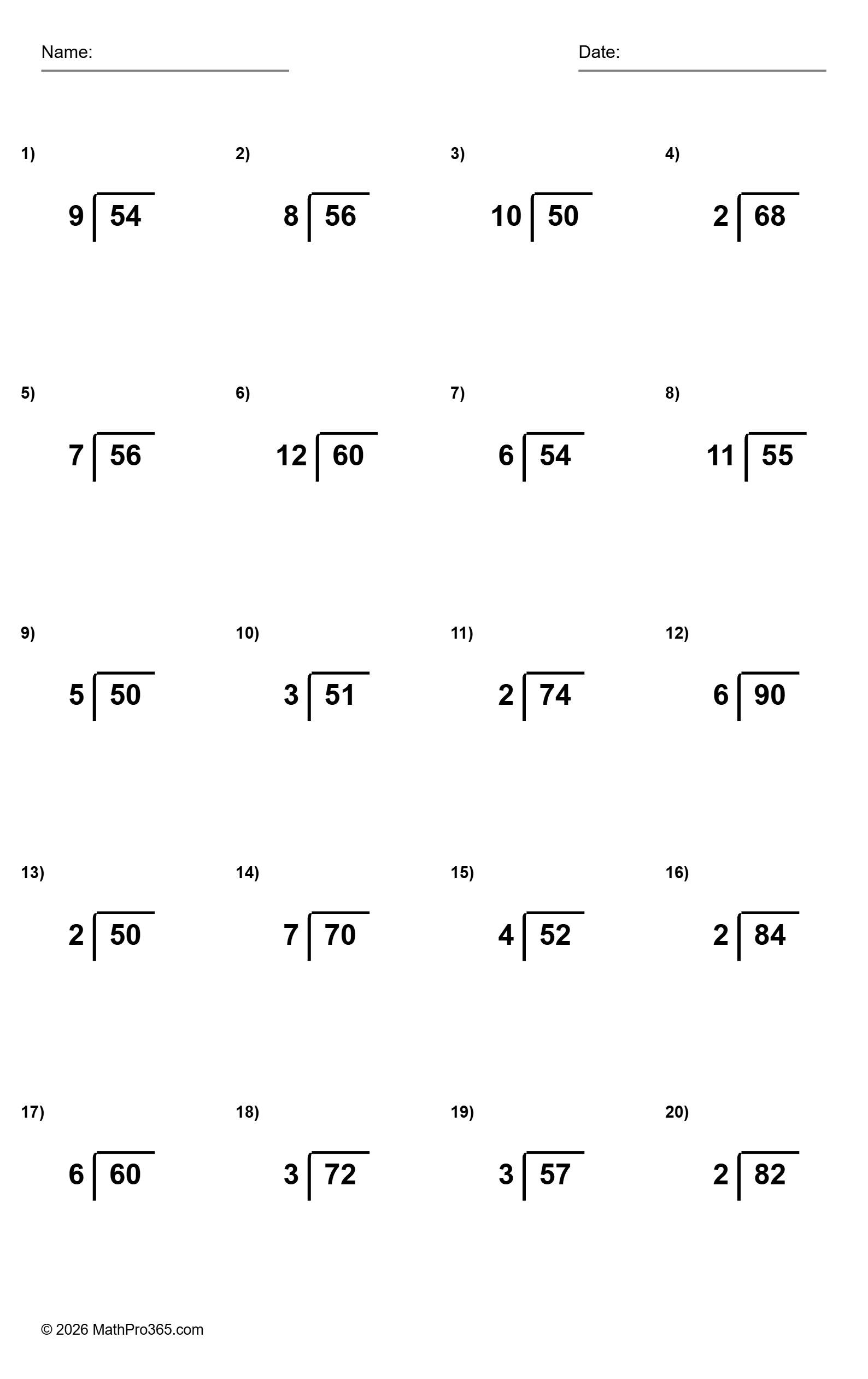 Division Without Remainder 2-Digit Dividends Worksheet Grade 3 Free PDF