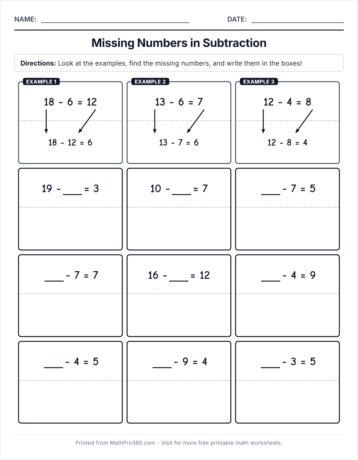 Find Missing Numbers in Subtraction Grade 1 Free PDF