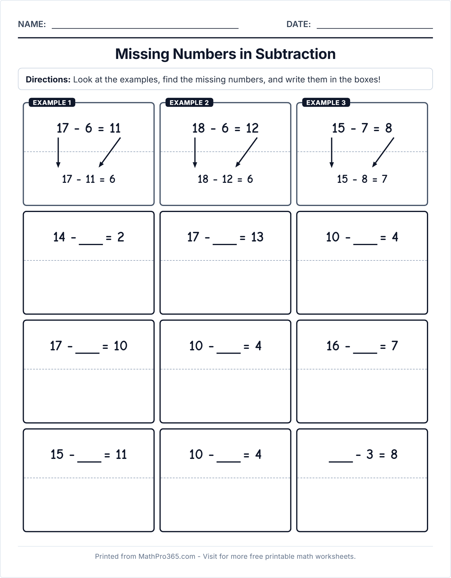 Find Missing Numbers in Subtraction Worksheet Grade 1 Free PDF