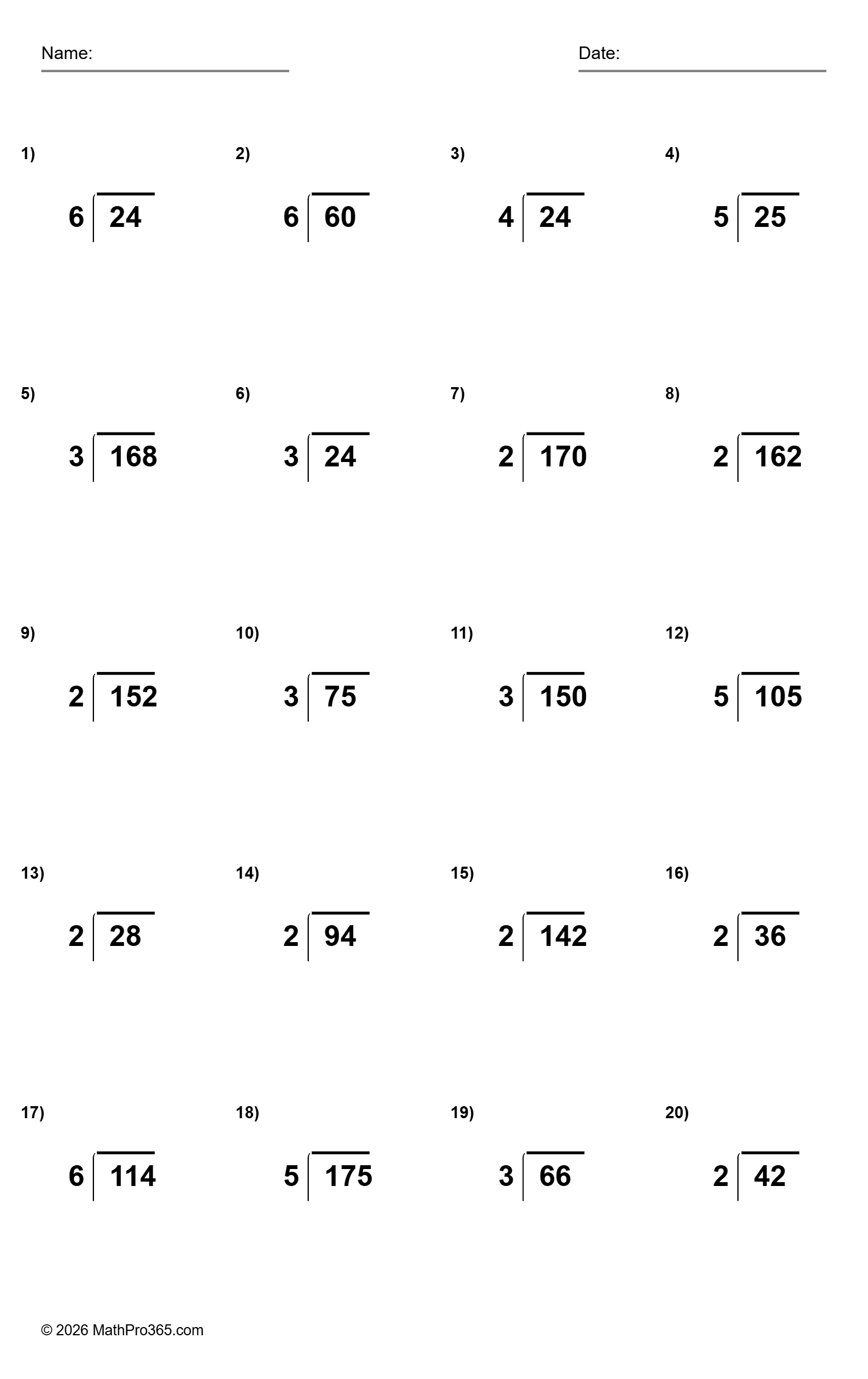 Free Grade 3 Division Worksheets with No Remainders (2 to 6 Divisors)