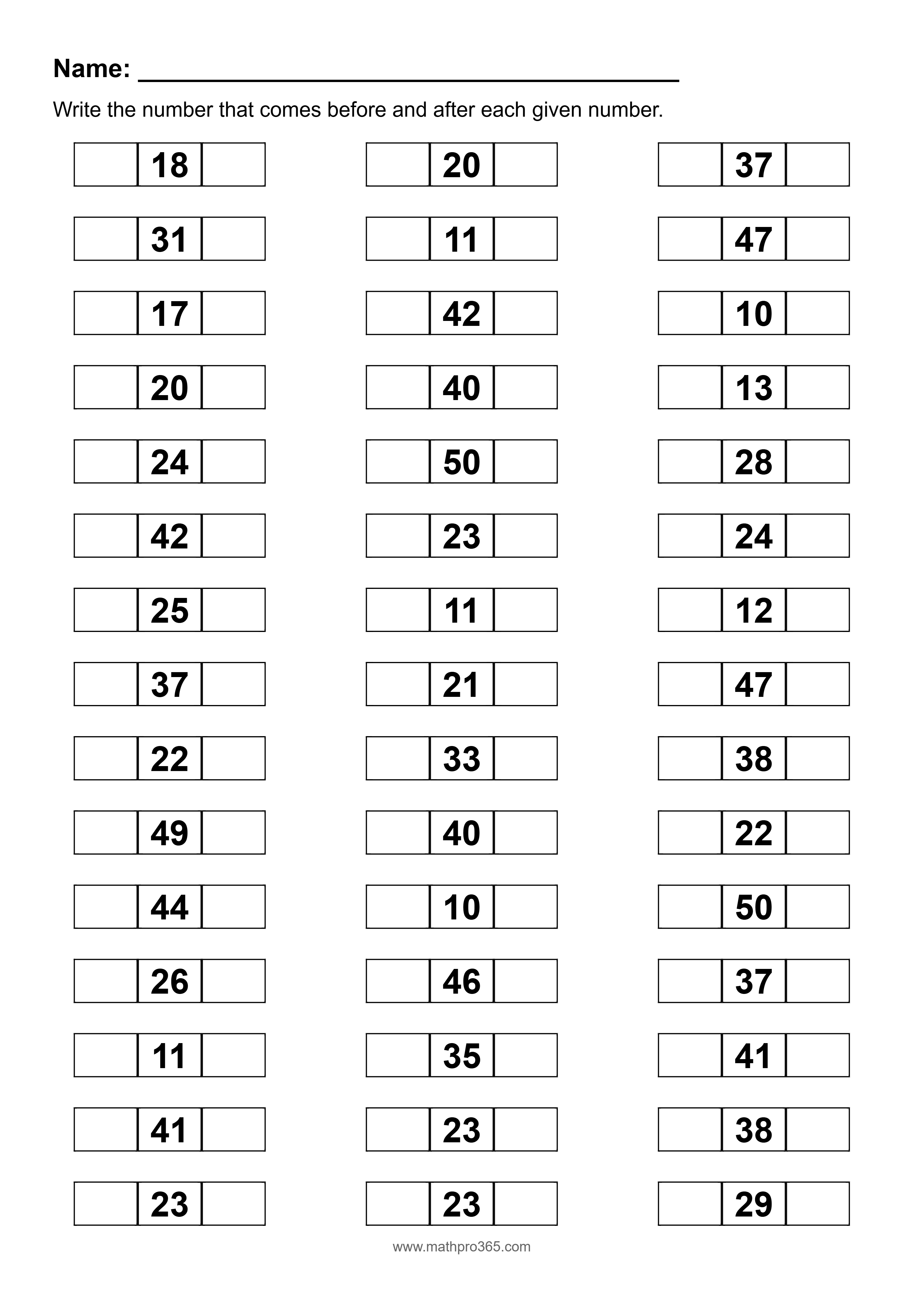 Before and After Number Sequences Worksheet - Grade 1