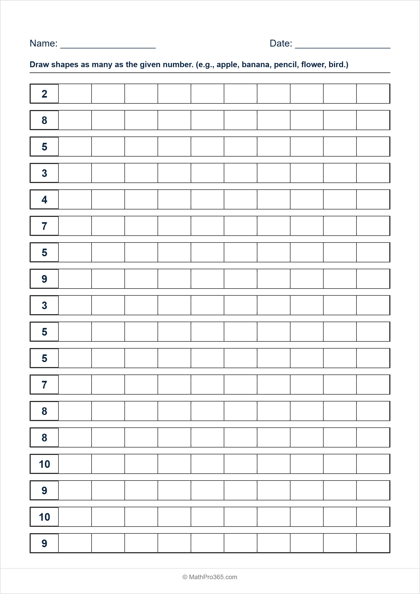 Grade 1 Math: Draw Shapes to Match Numbers 1-10