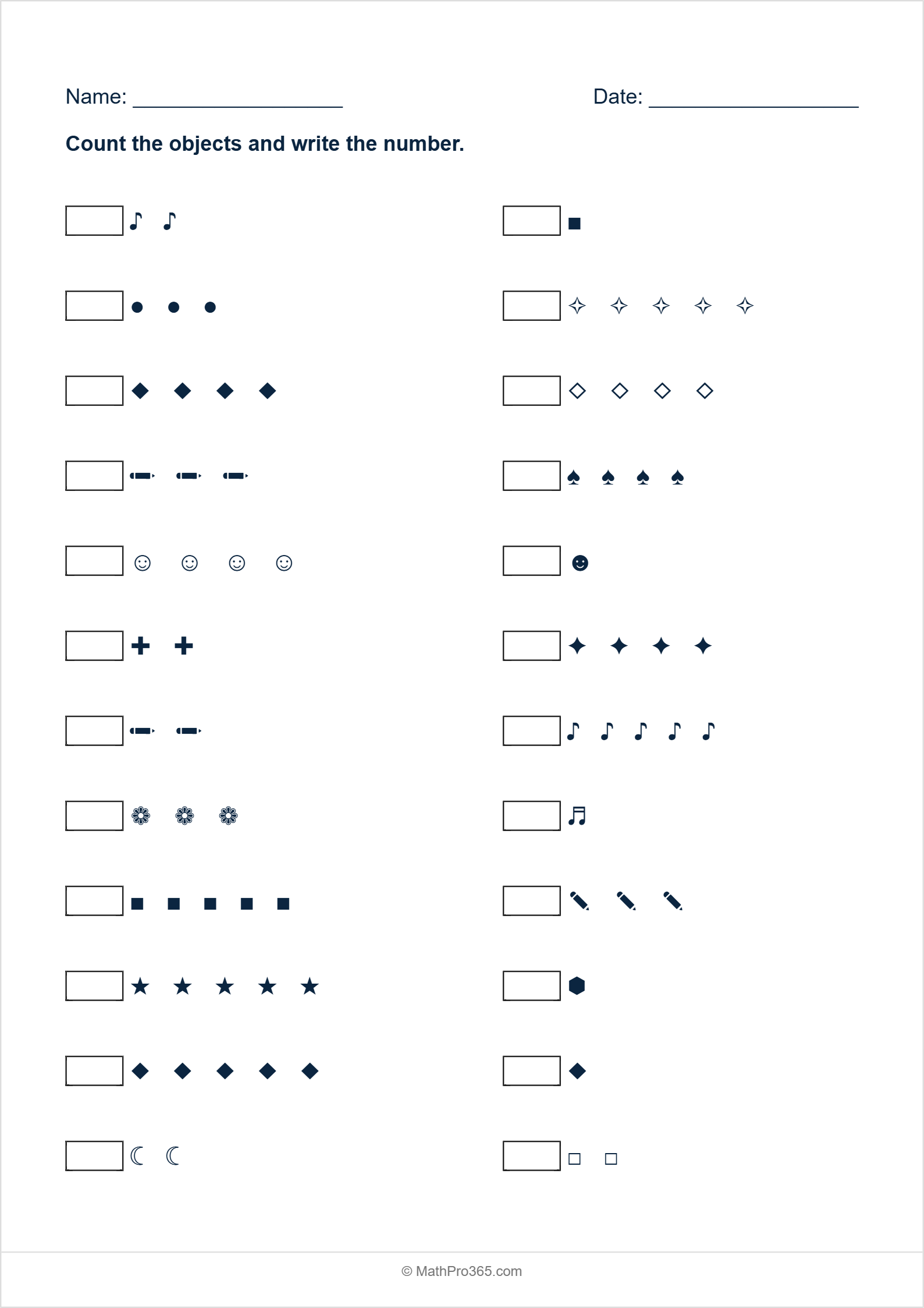 Grade 1 Counting Objects to 5 Worksheet | MathPro365