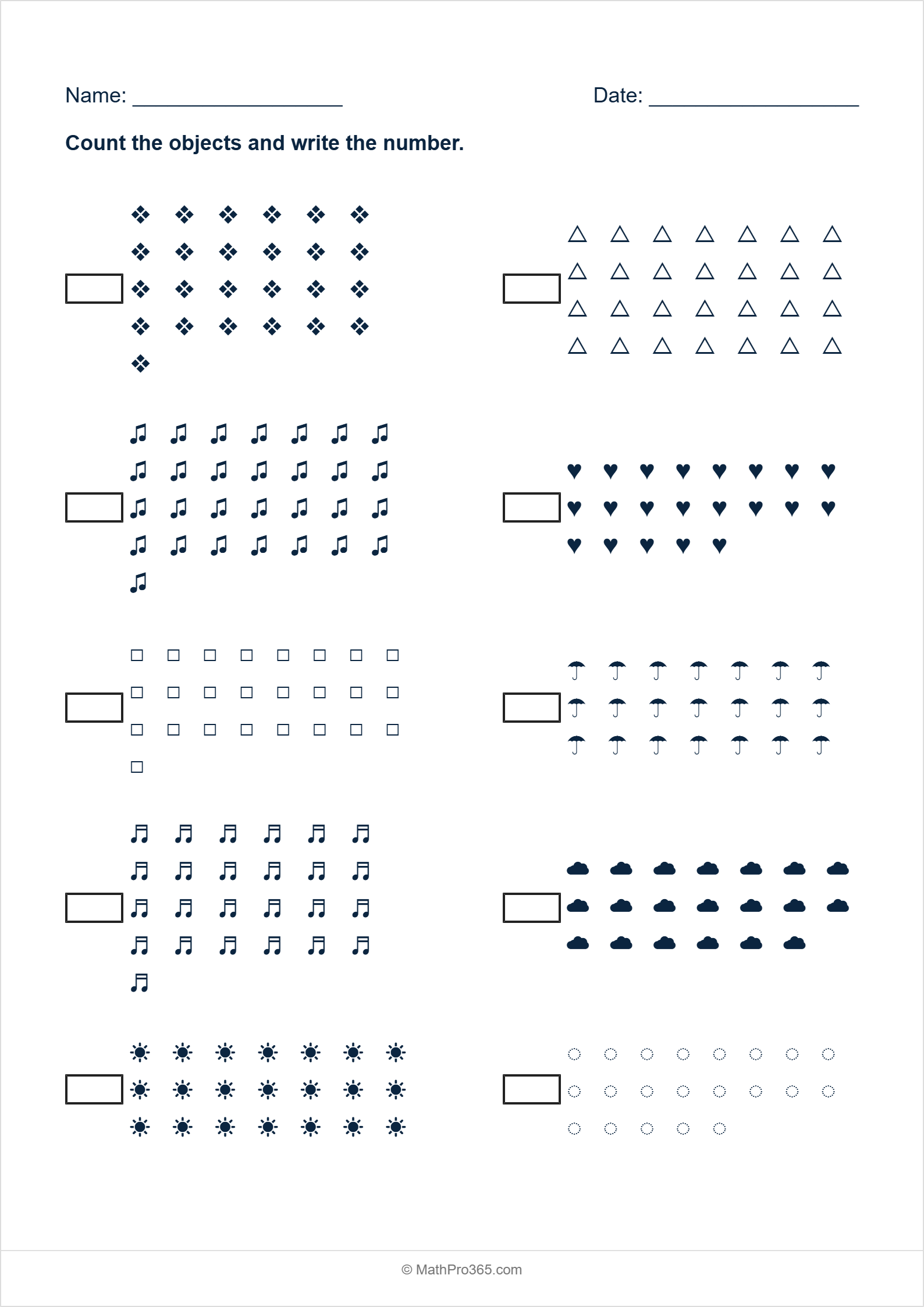 Grade 1 Counting Objects & Number Writing Worksheet Printable PDF
