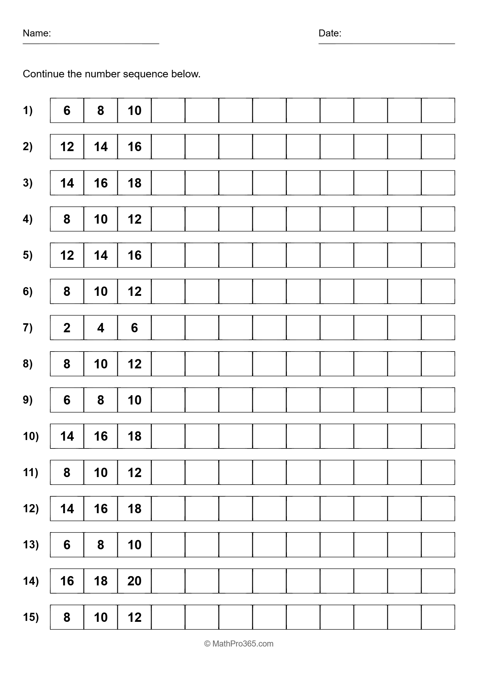 Grade 1 Skip Counting by 2s Number Sequence Practice