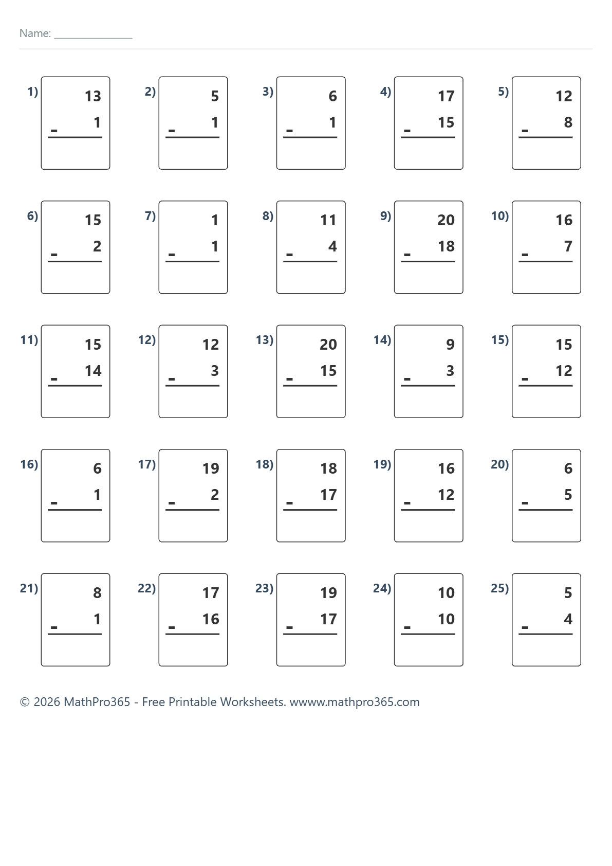 Grade 1 Subtraction Within 20 Worksheet