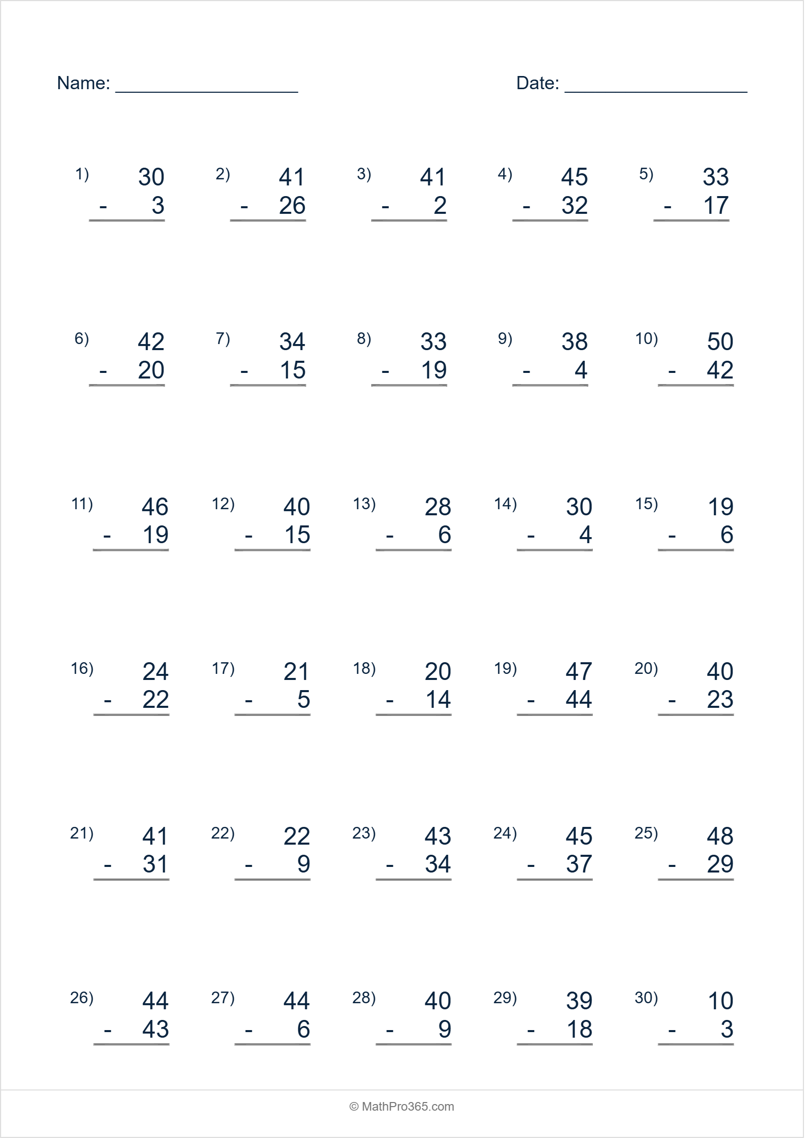 Subtraction Within 50 Practice Worksheet (30 Problems) - Grade 1 Free Printable