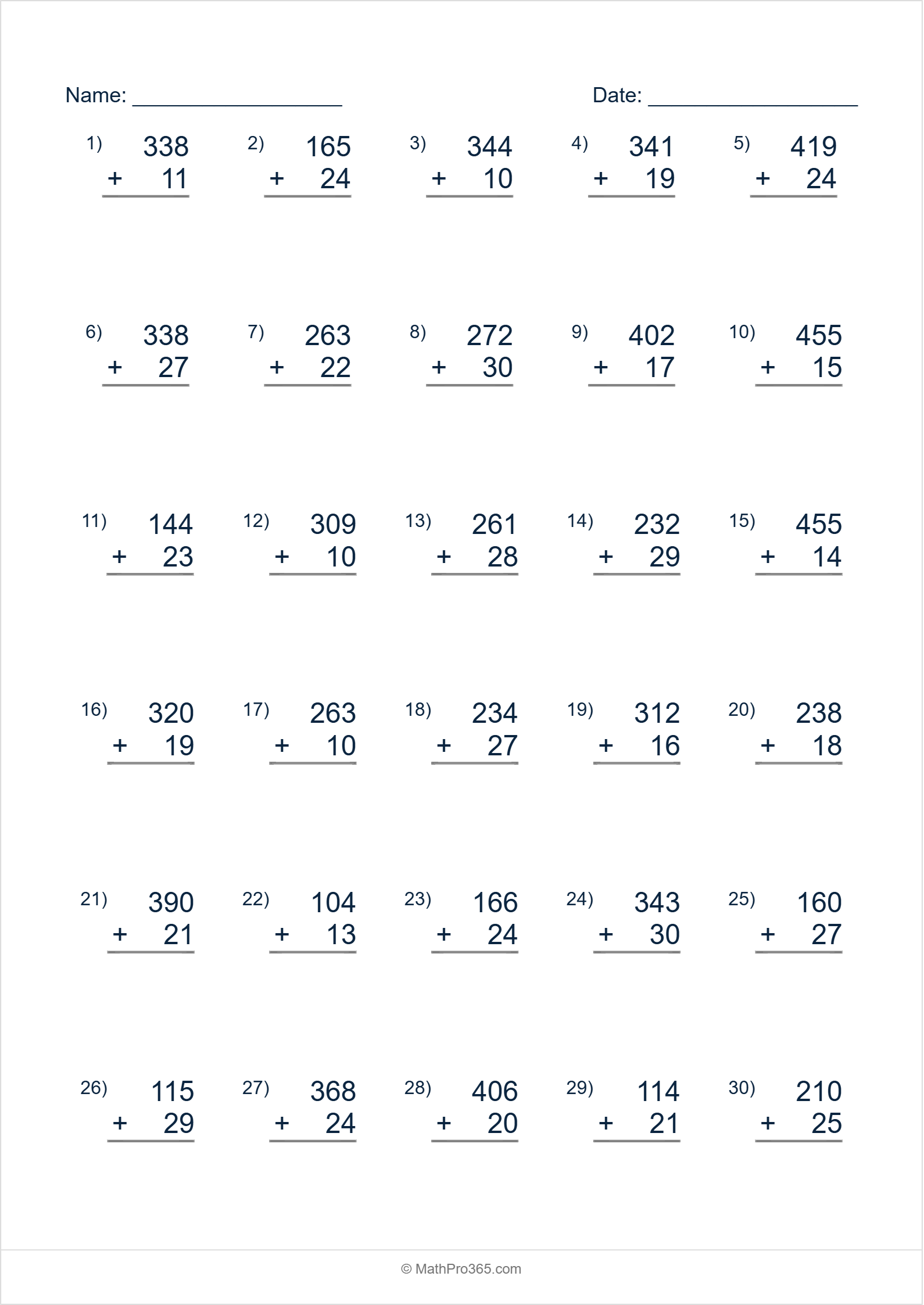 Grade 2 Math: 3-Digit Plus 2-Digit Addition Worksheet