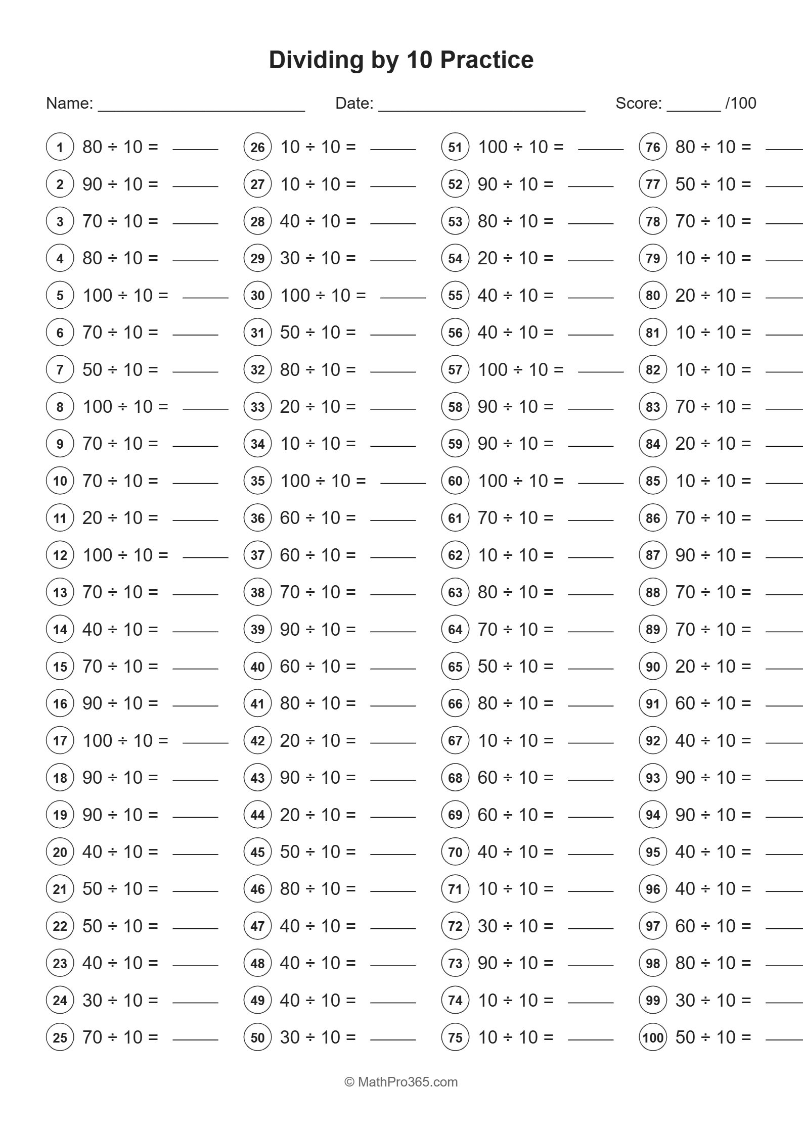 Grade 2 Dividing by 10 Practice Worksheet | Printable
