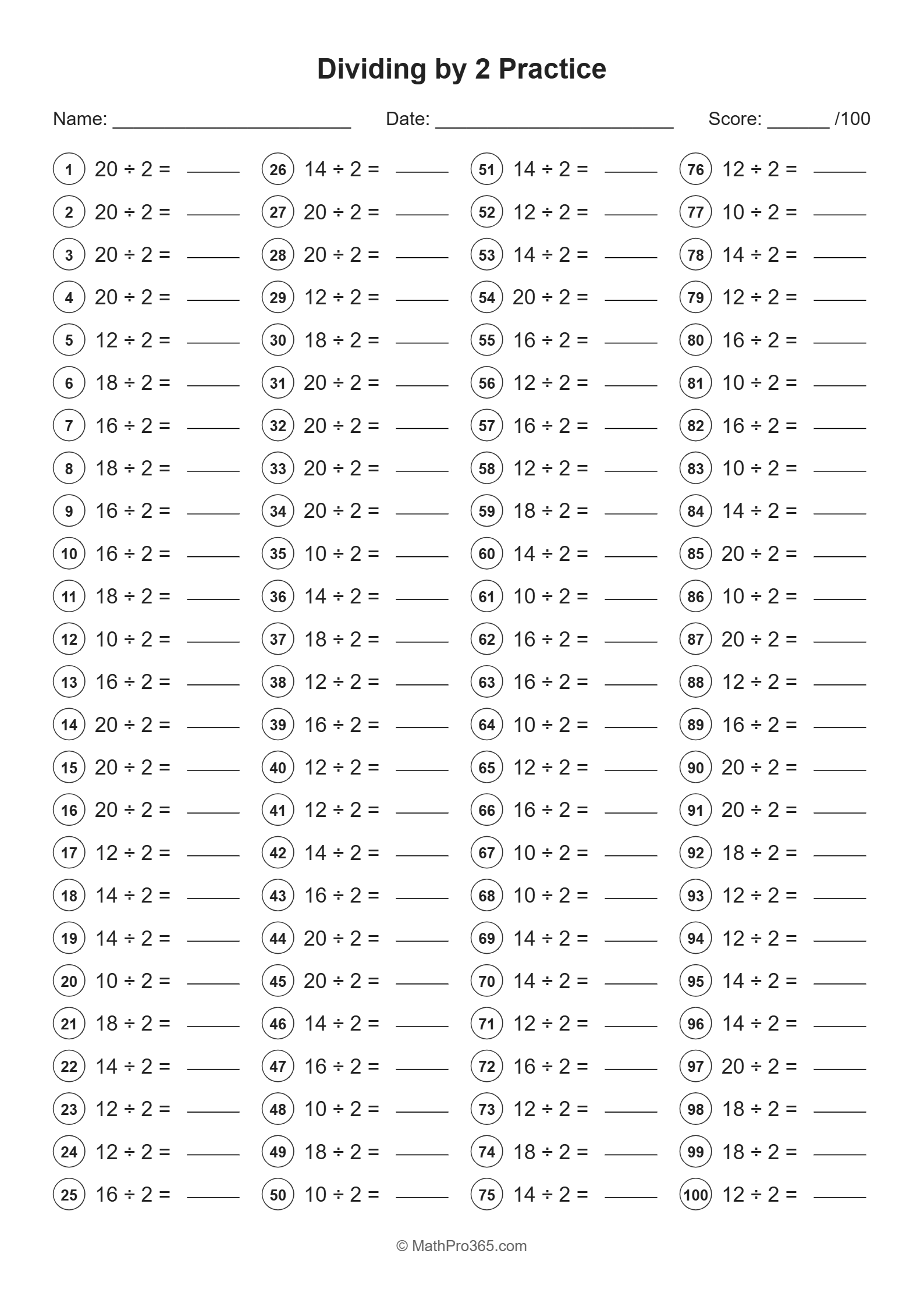 Dividing by 2 Practice Worksheet | Grade 2 Division