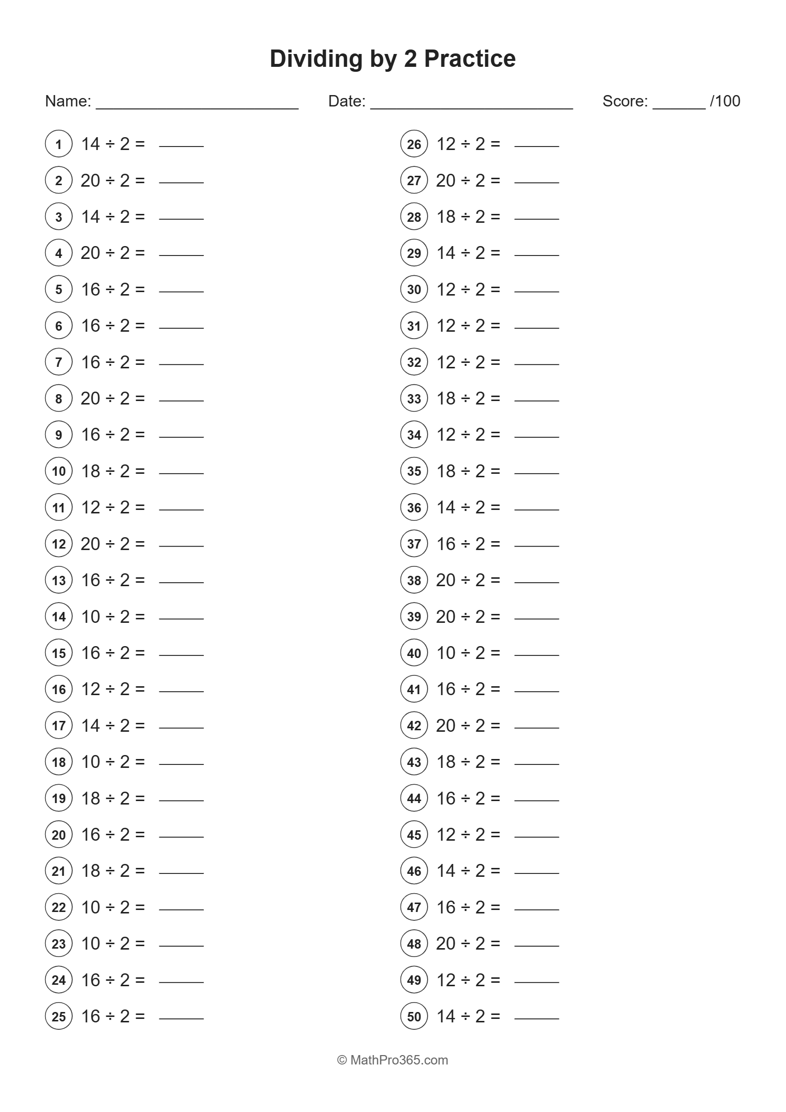 Grade 2 Dividing by 2 Practice Worksheet | MathPro365