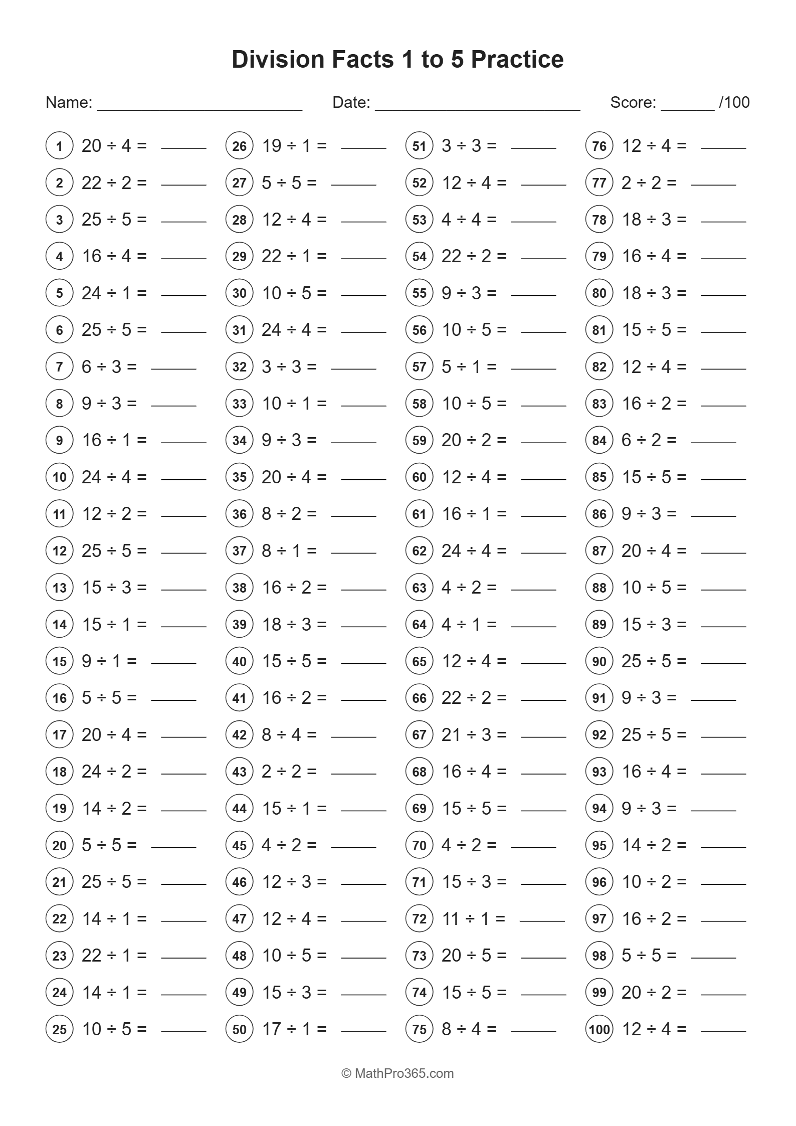 Grade 2 Division Facts 1 to 5 Practice Worksheet