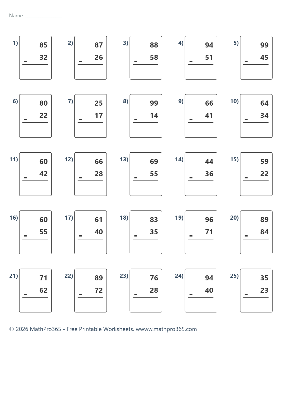 Grade 2 Double Digit Subtraction Worksheet