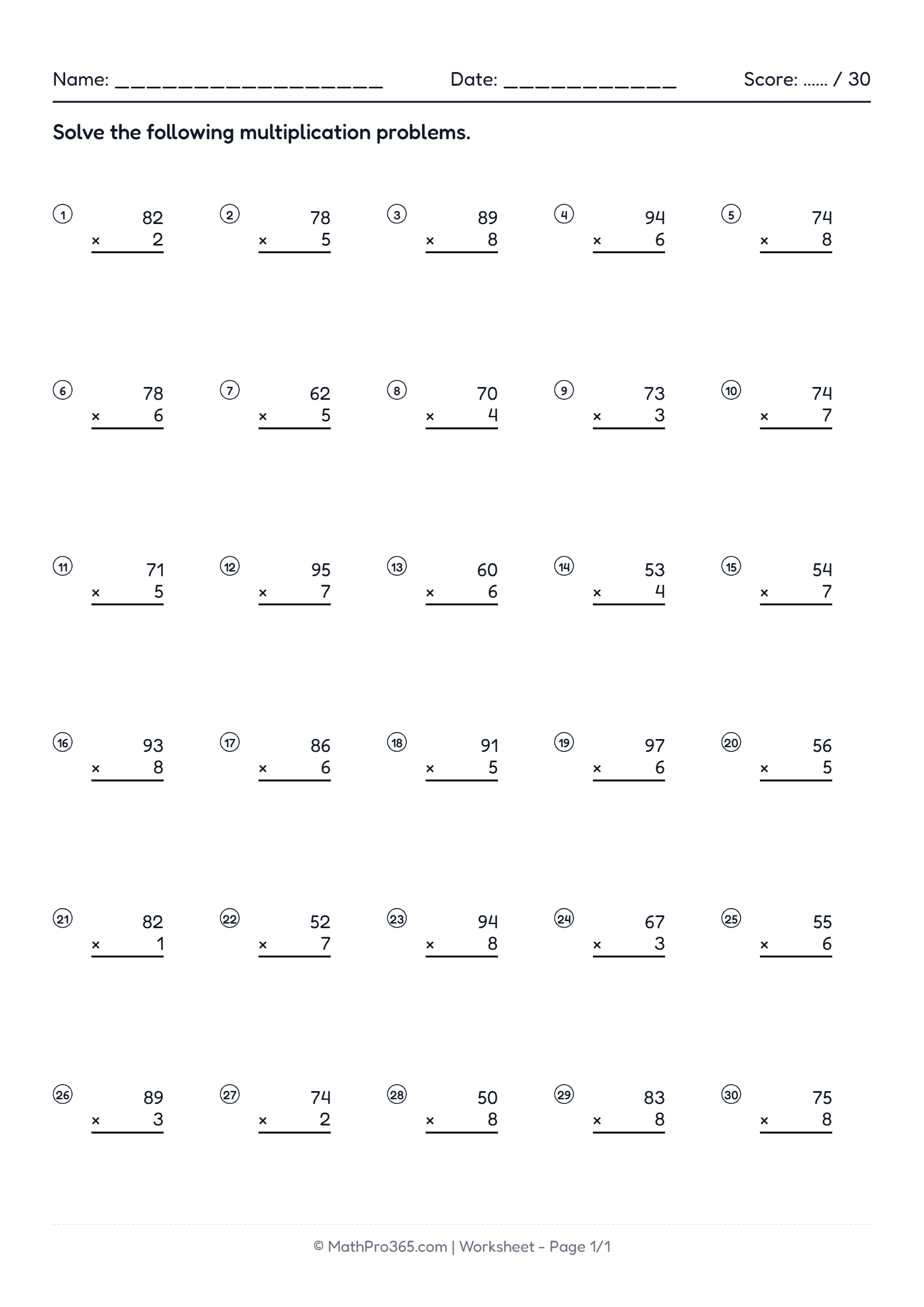 Grade 2 Multiplication: 2-Digit by 1-Digit Practice