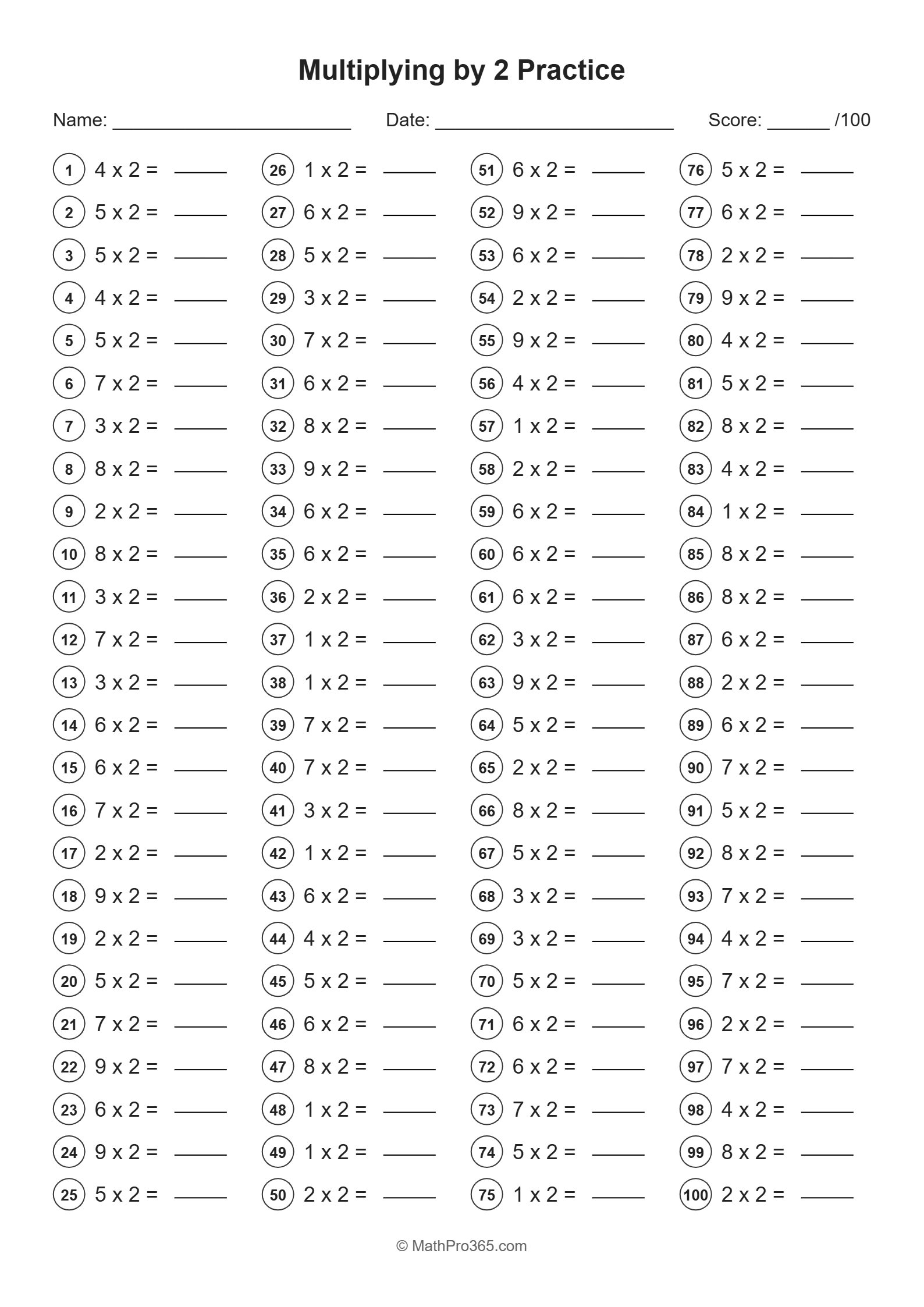 Grade 2 Multiplying by 2 Worksheet | 100 Problems