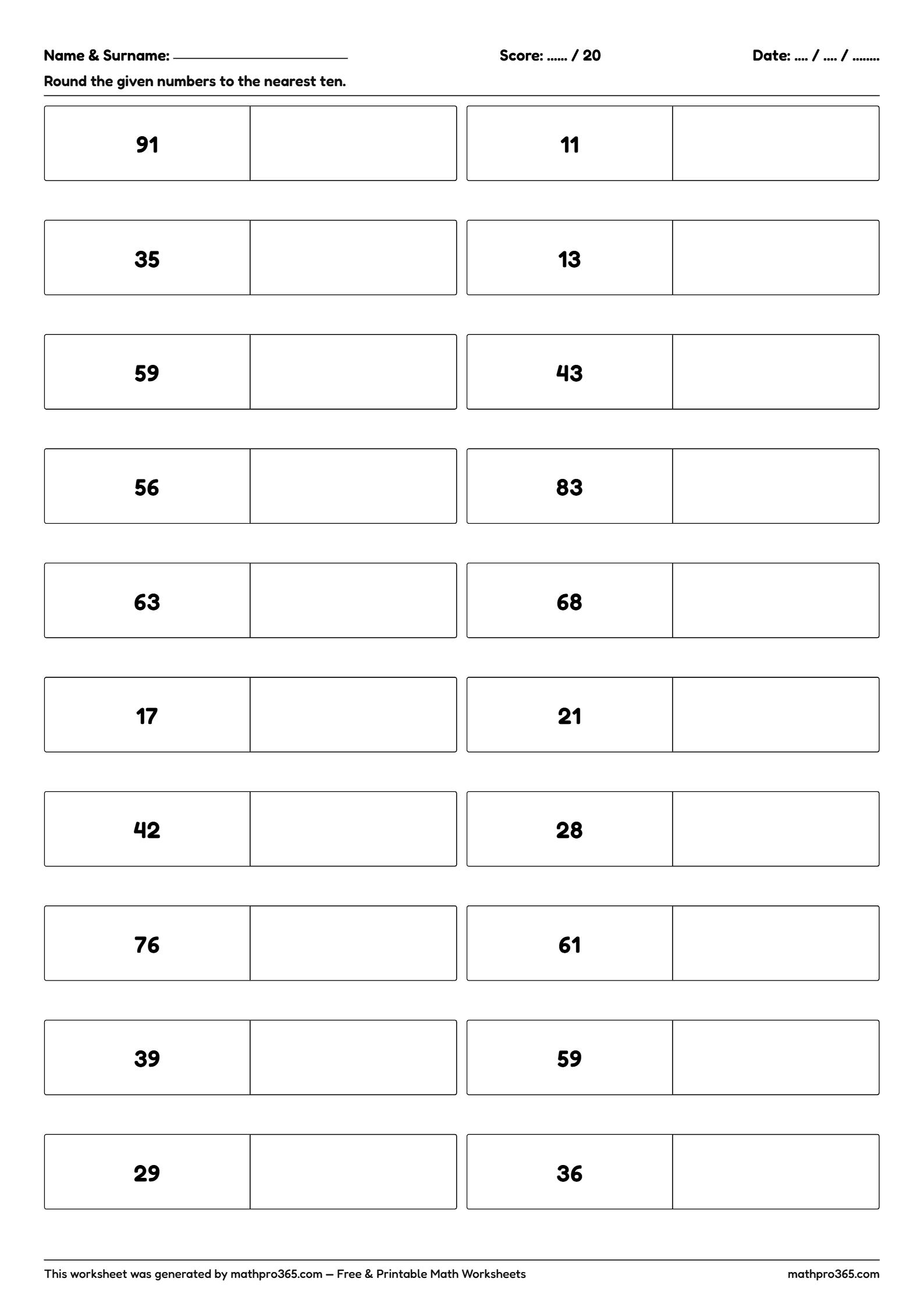 Rounding 2-Digit Numbers to the Nearest Ten Worksheet