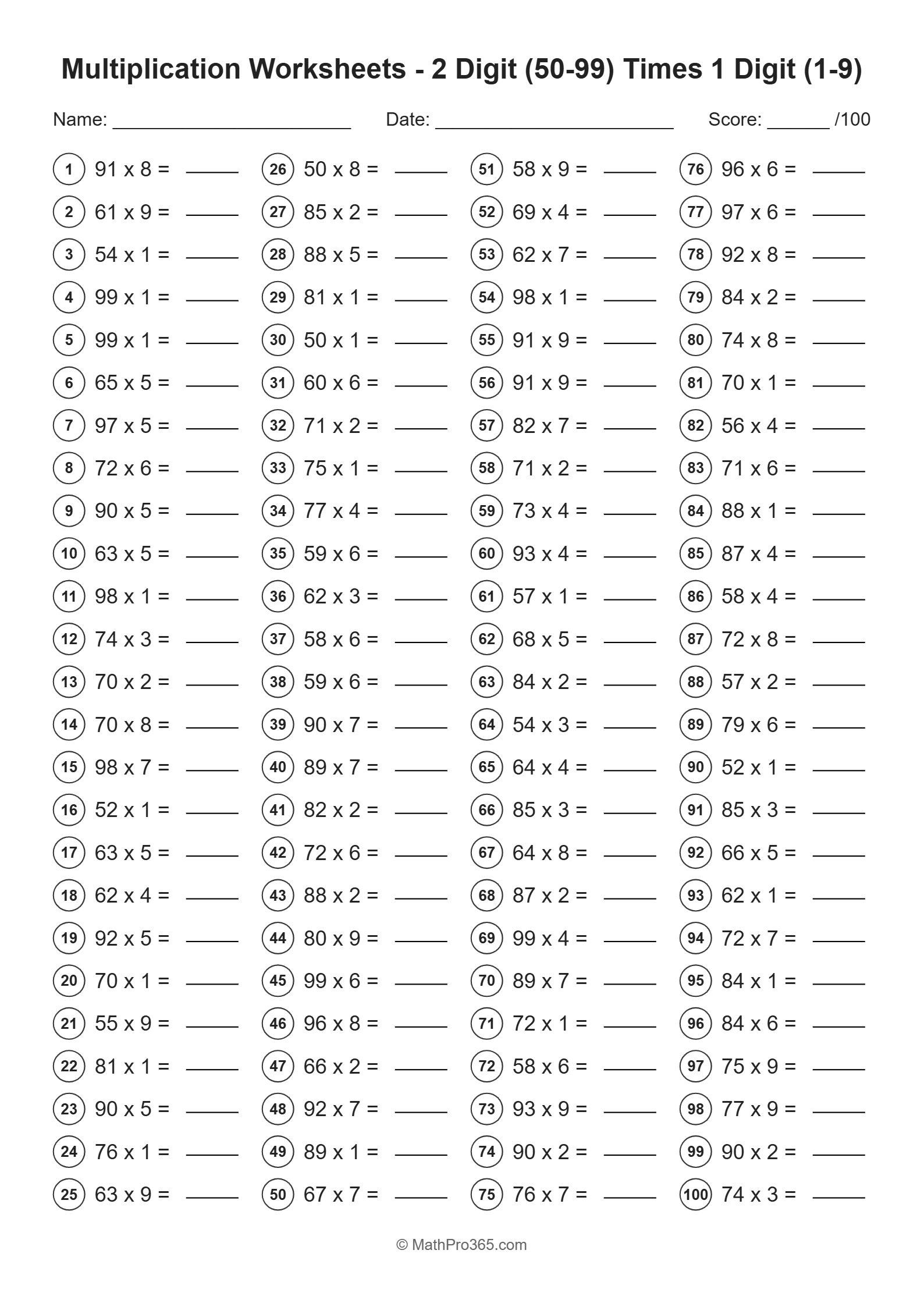 Grade 3 Multiplication: 2-Digit (50-99) x 1-Digit Worksheet