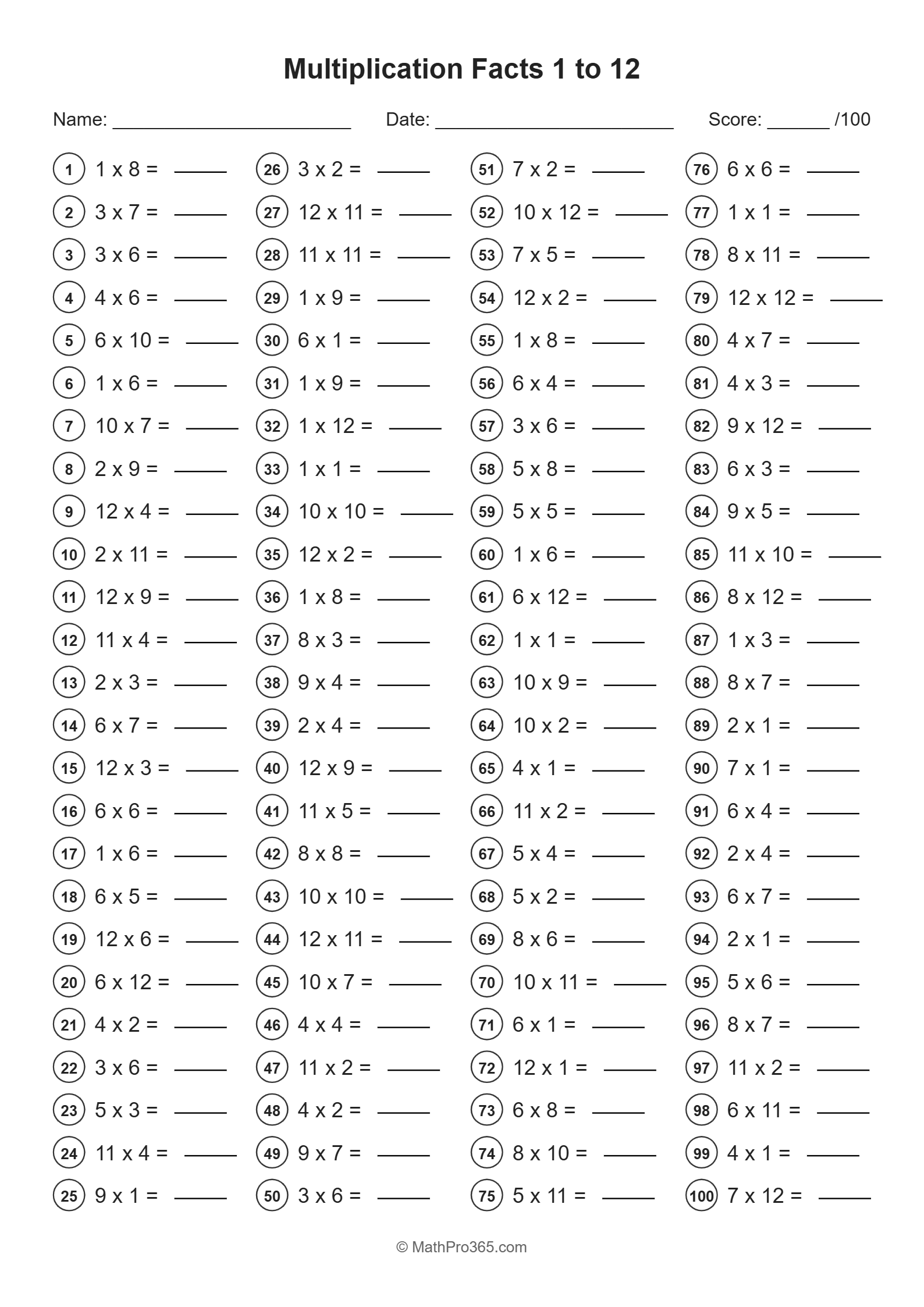 Grade 3 Multiplication Facts 1-12 Practice Worksheet